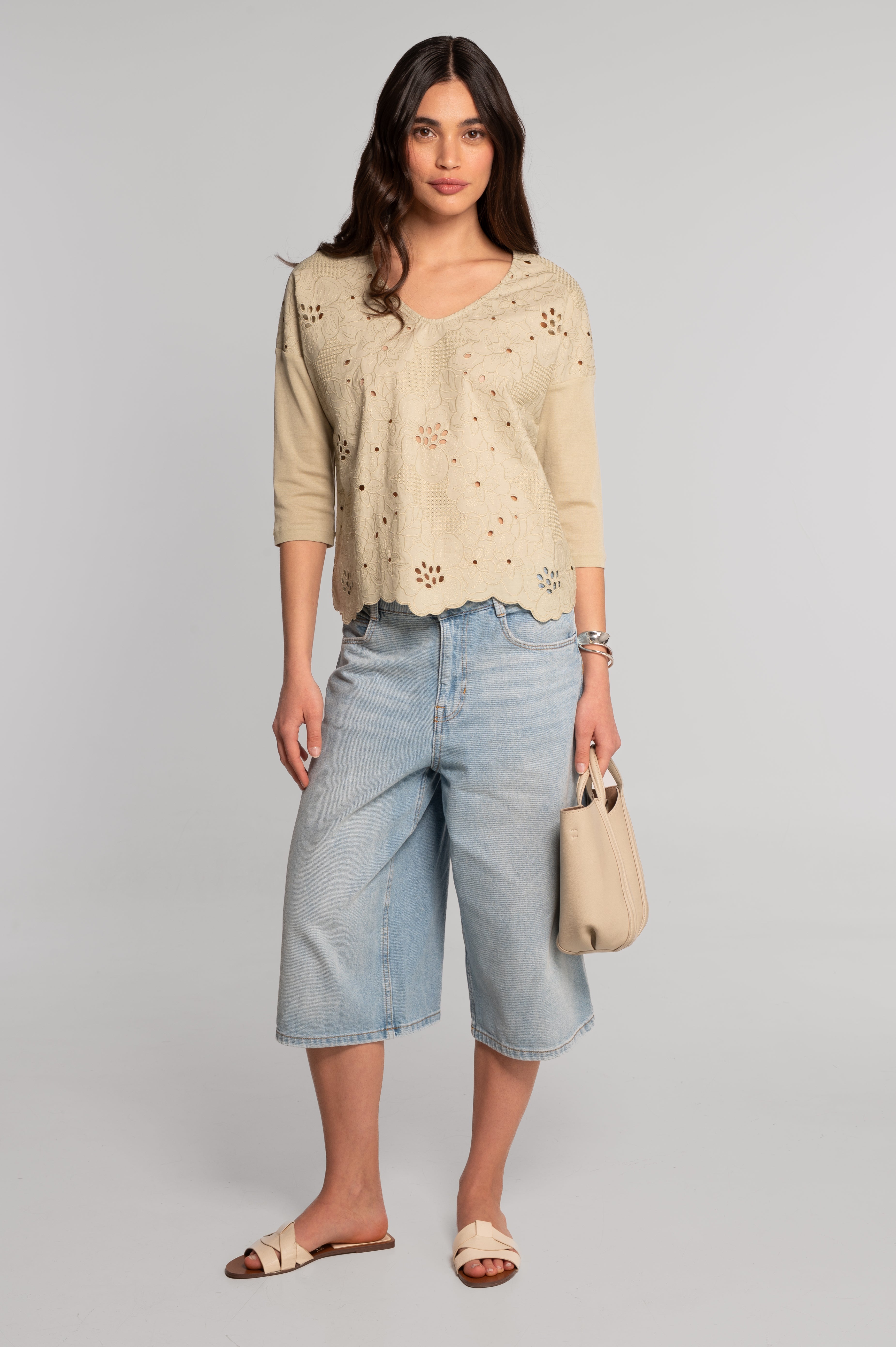 Broderie anglaise V neck blouse 7715