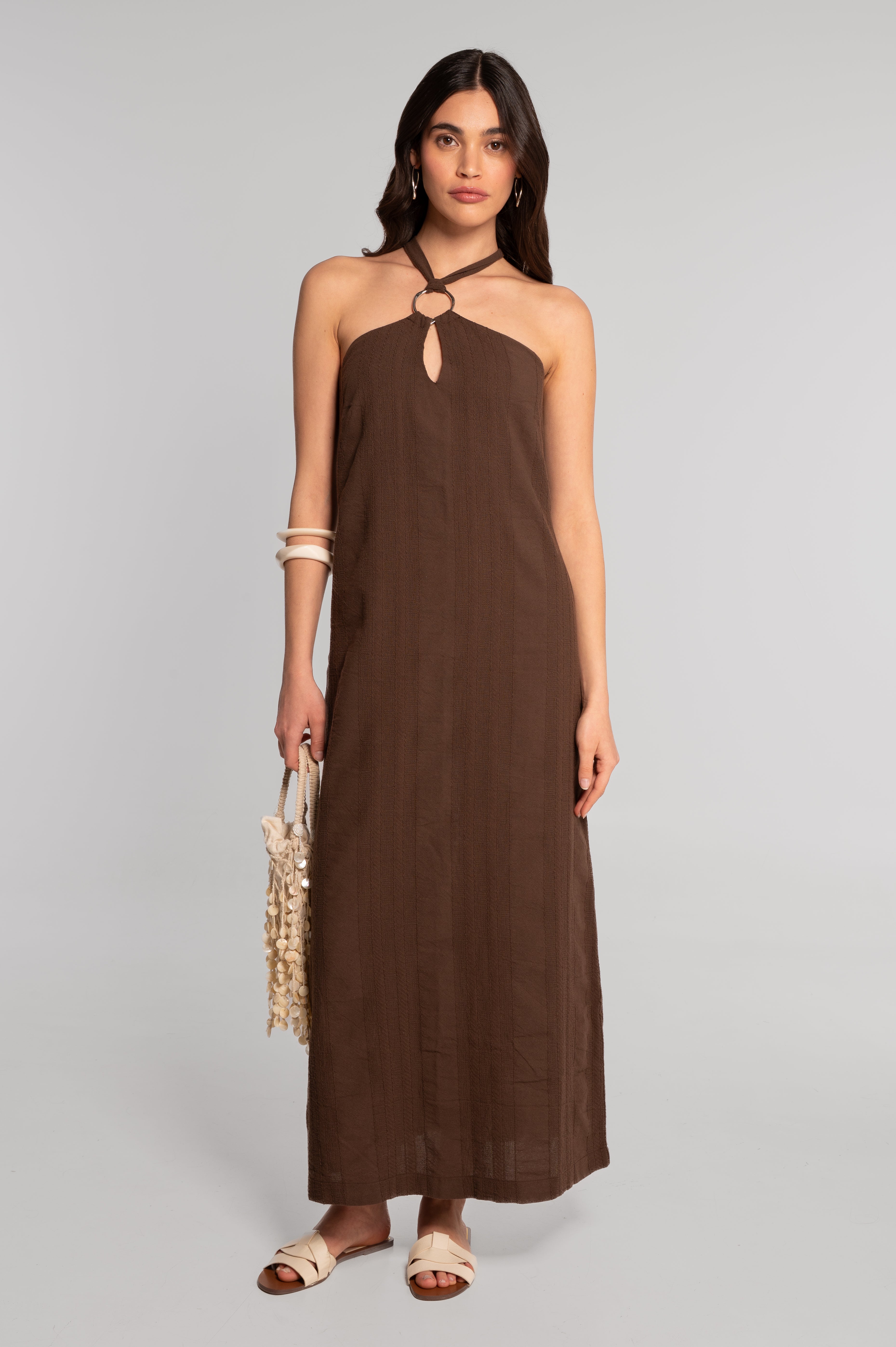 Cotton jacquard long halter neck dress 7734X
