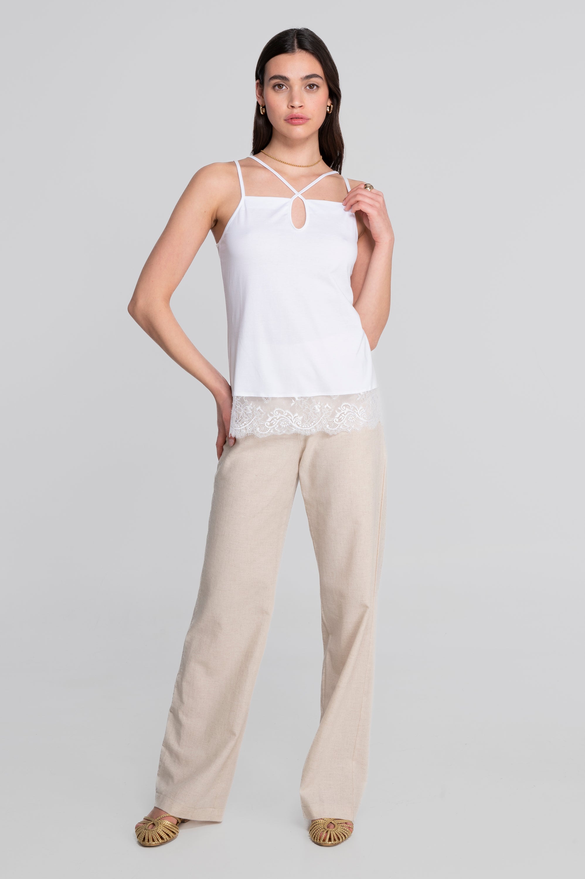 Camisole top in jersey cotton with chantilly lace 7523