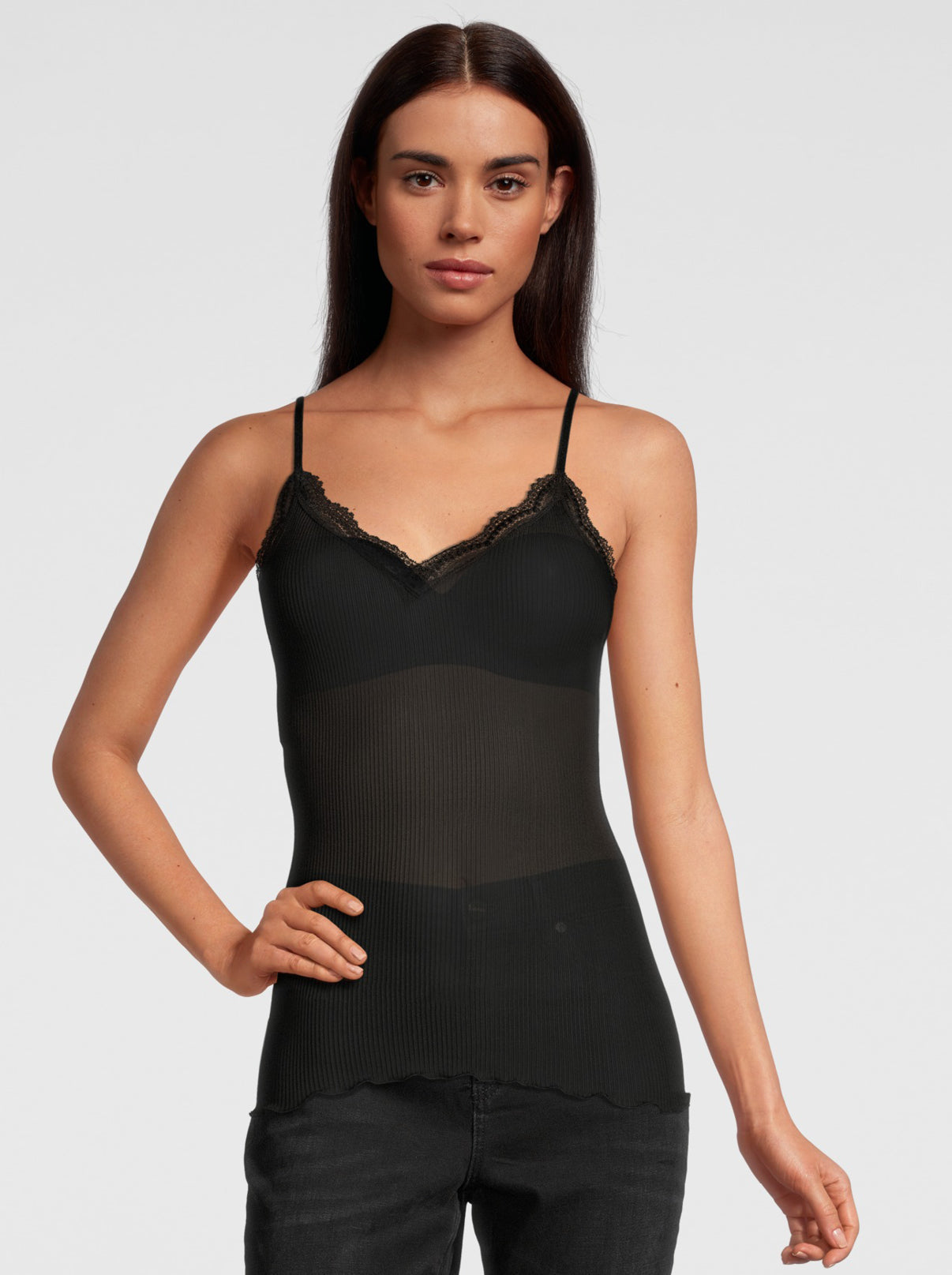 Black V neck top in pure silk