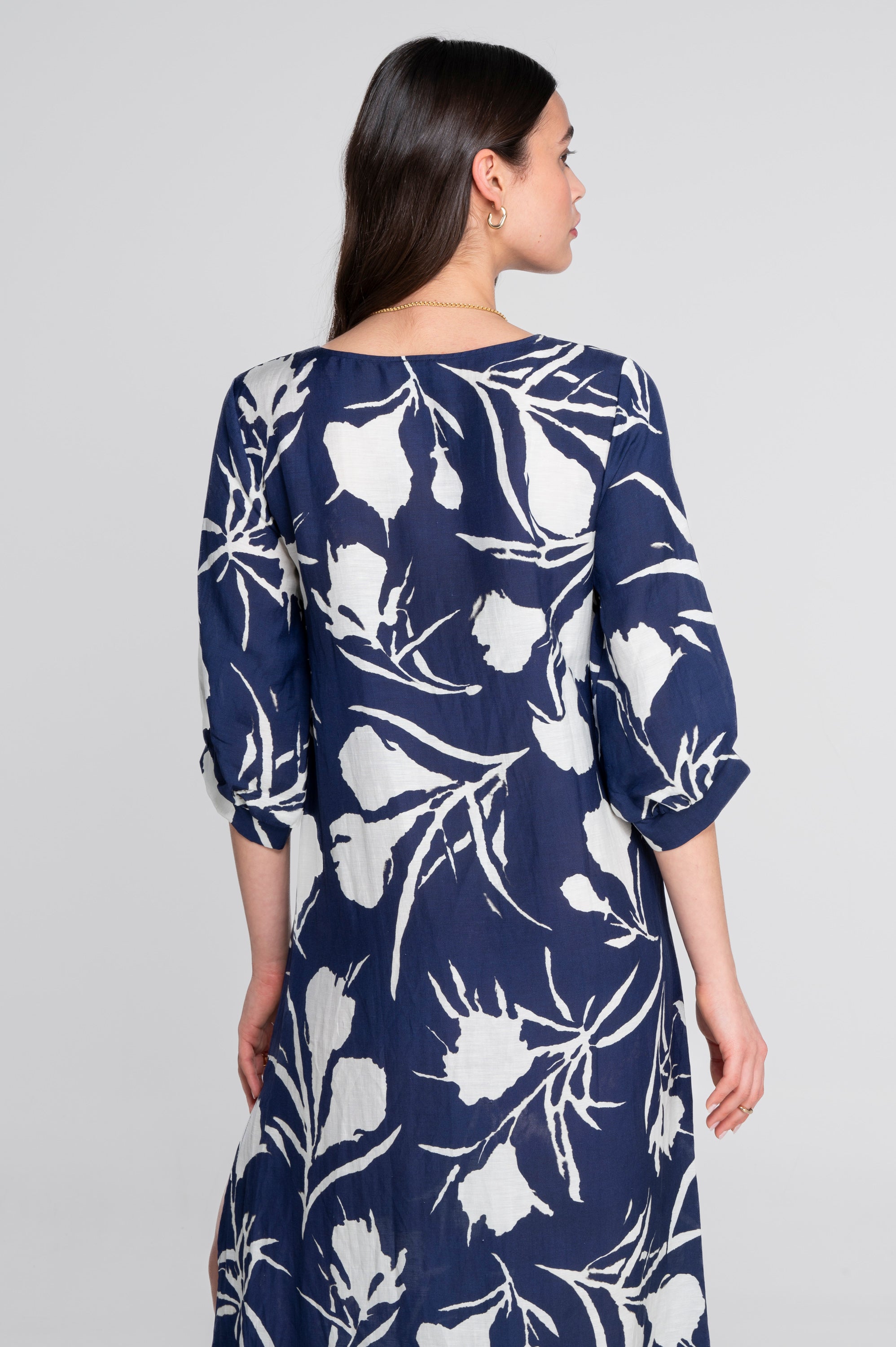 Kaftan-style printed linen-viscose dress 7555VL