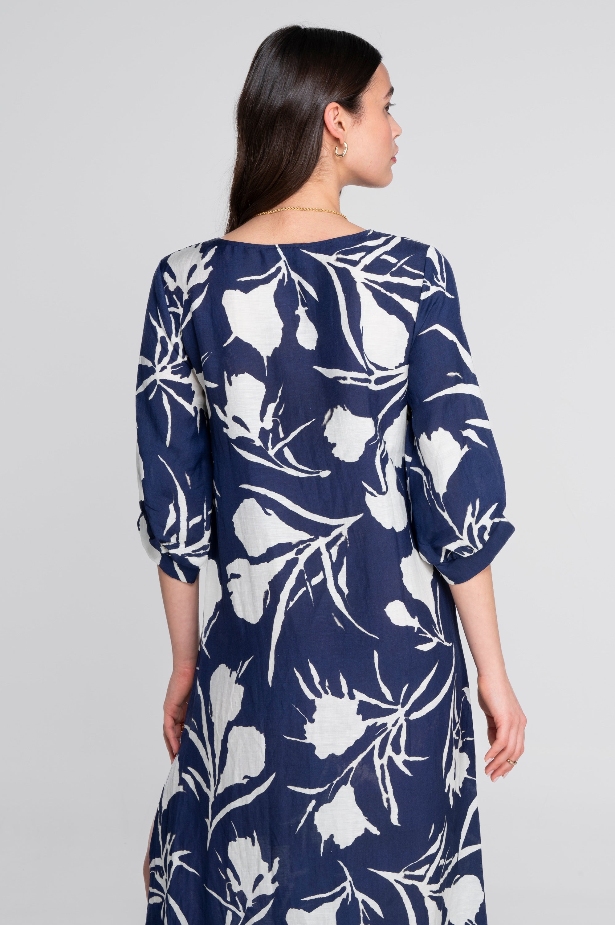 Kaftan-style printed linen-viscose dress 7555VL