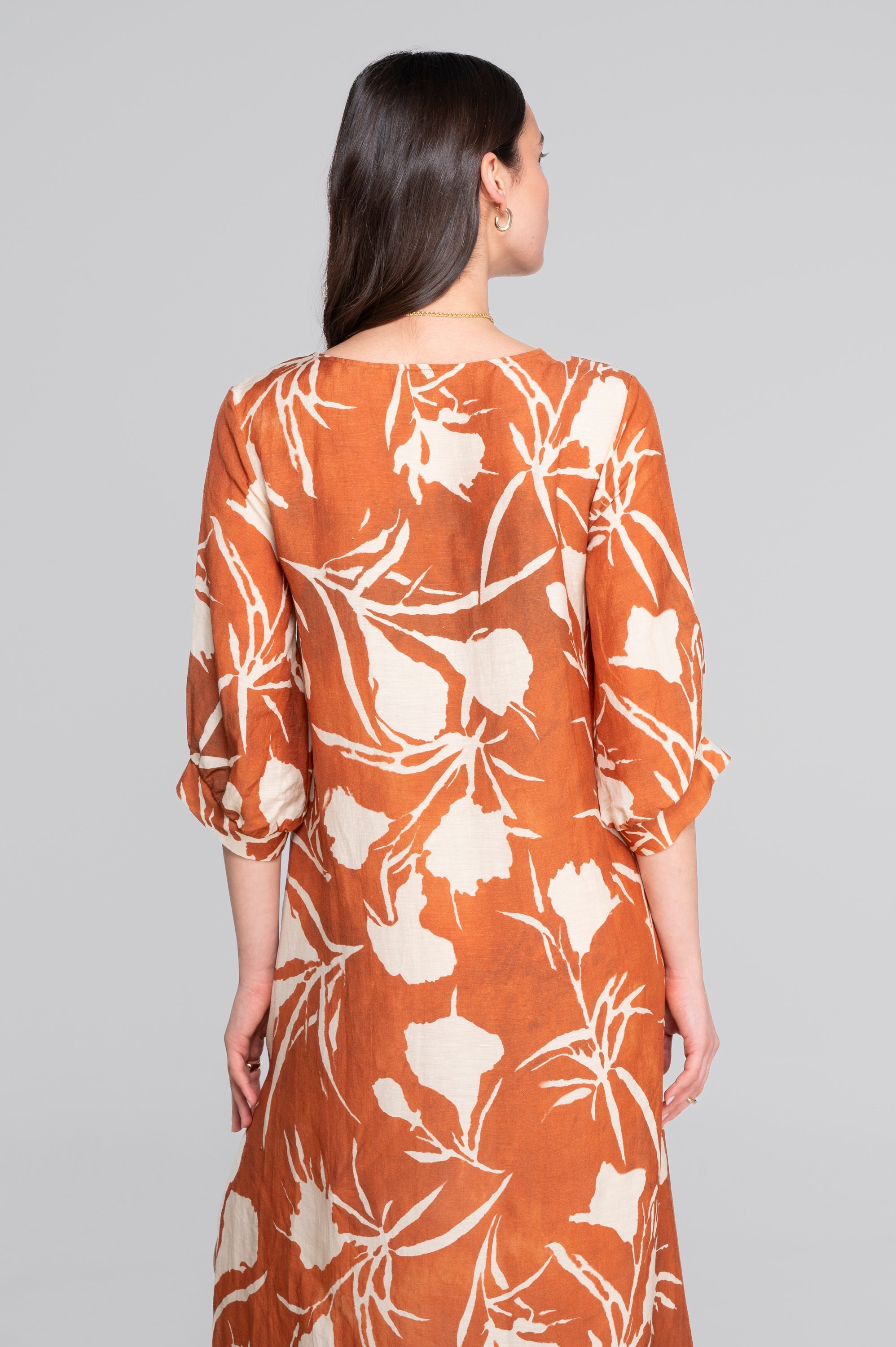 Kaftan-style printed linen-viscose dress 7555VL