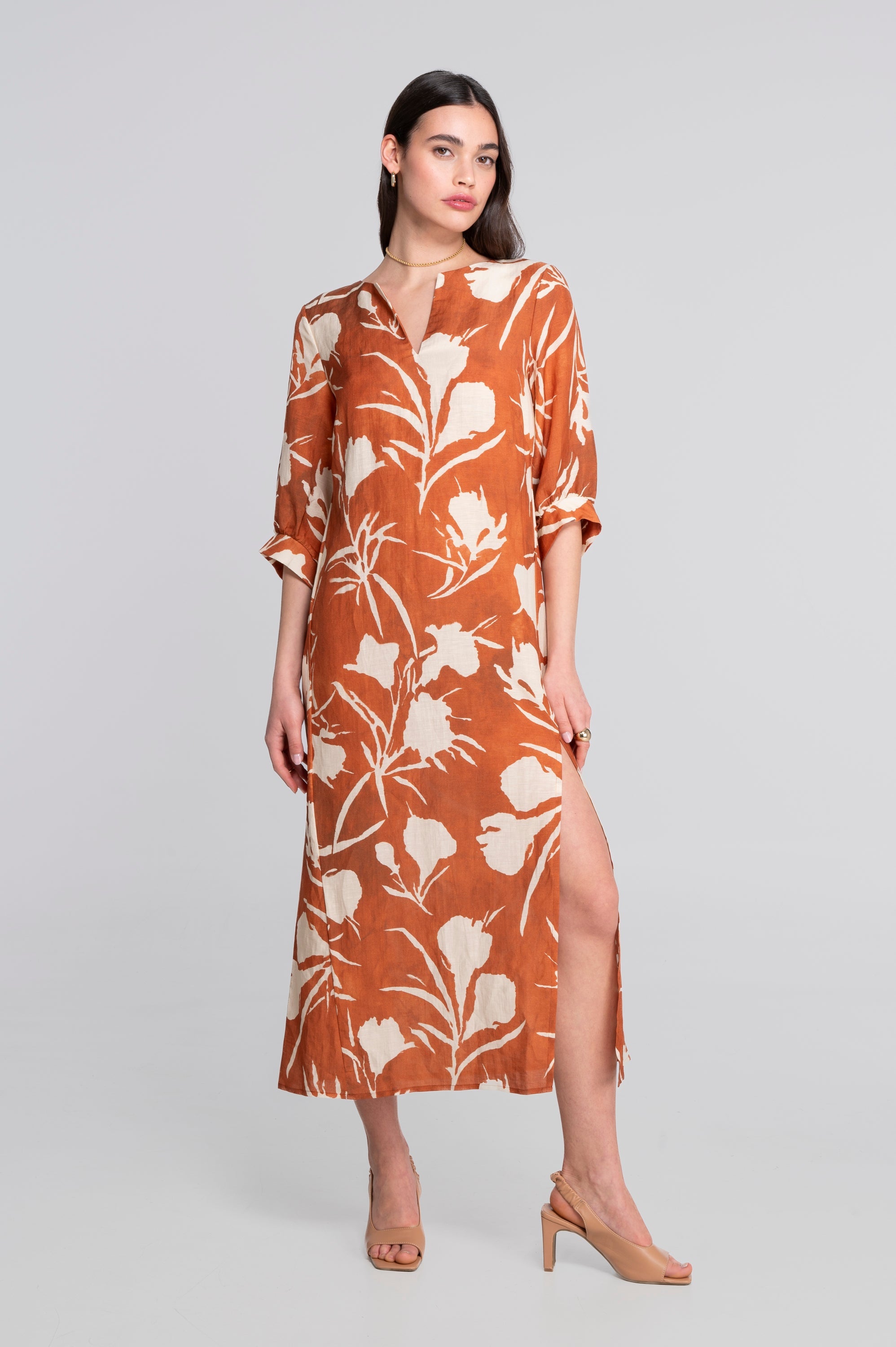 Kaftan-style printed linen-viscose dress A7555VL