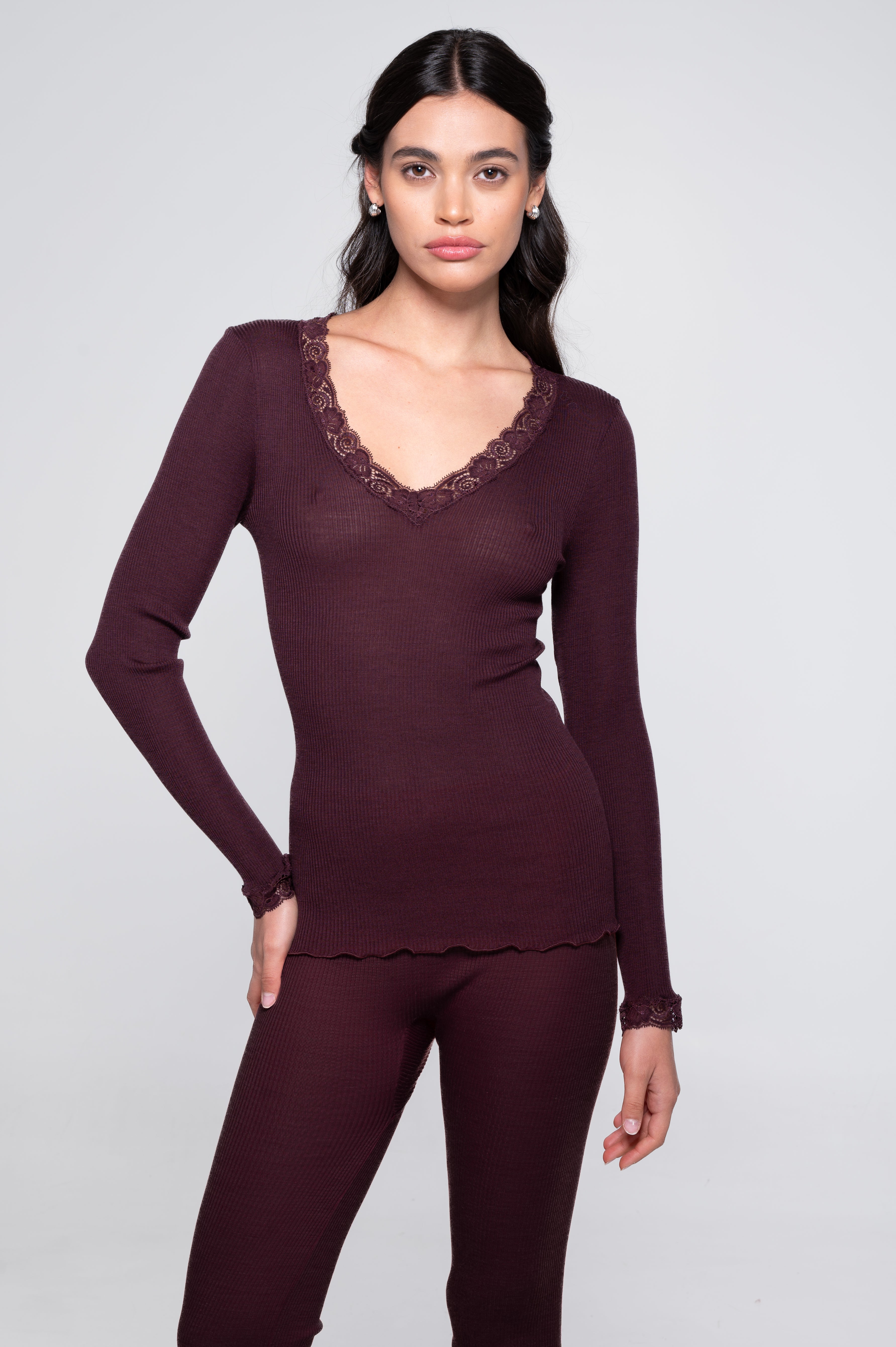 Wool and silk long sleeves shirt with leavers lace 3404