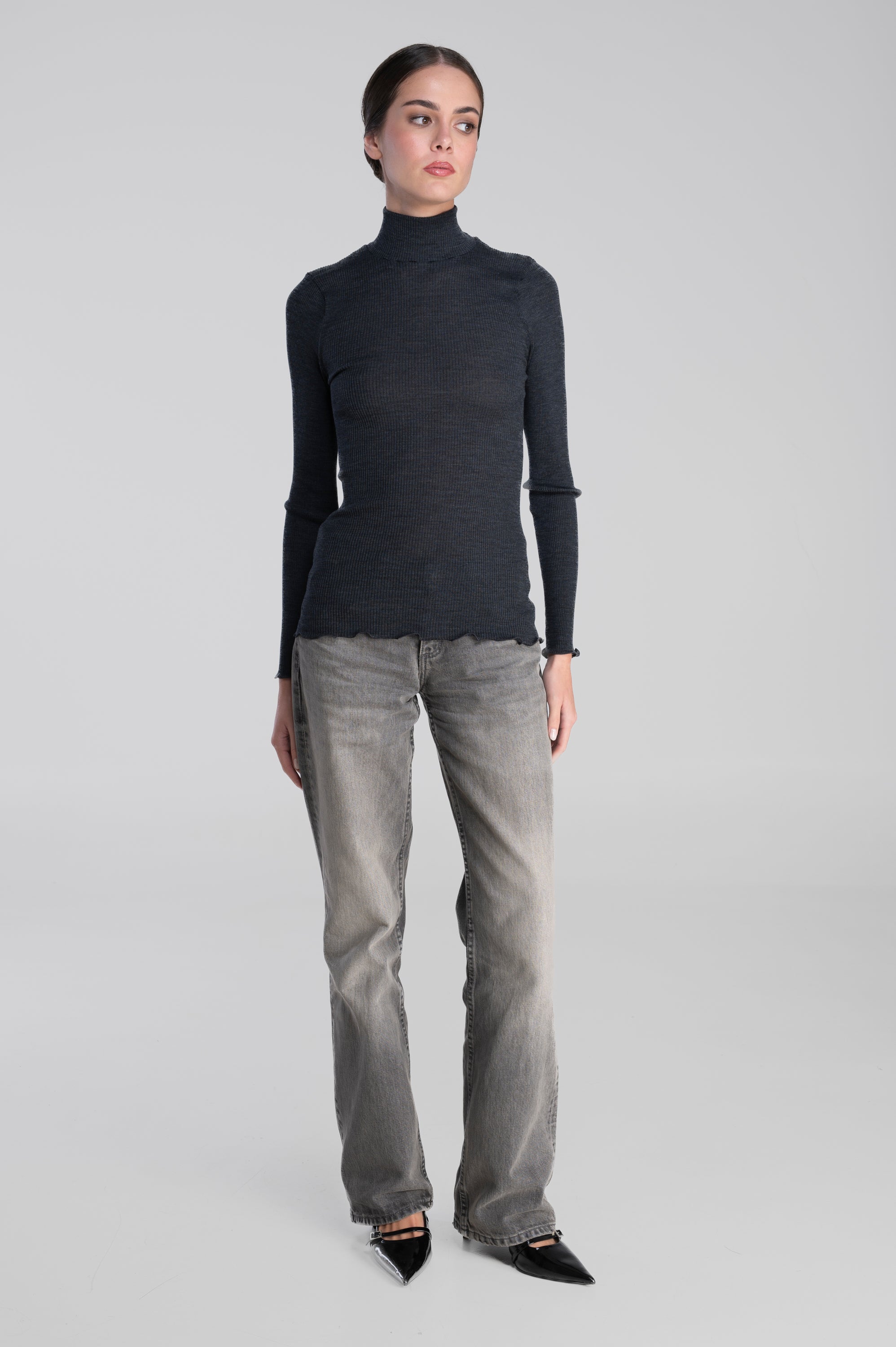 Wool and silk long sleeves mock neck shirt 3429