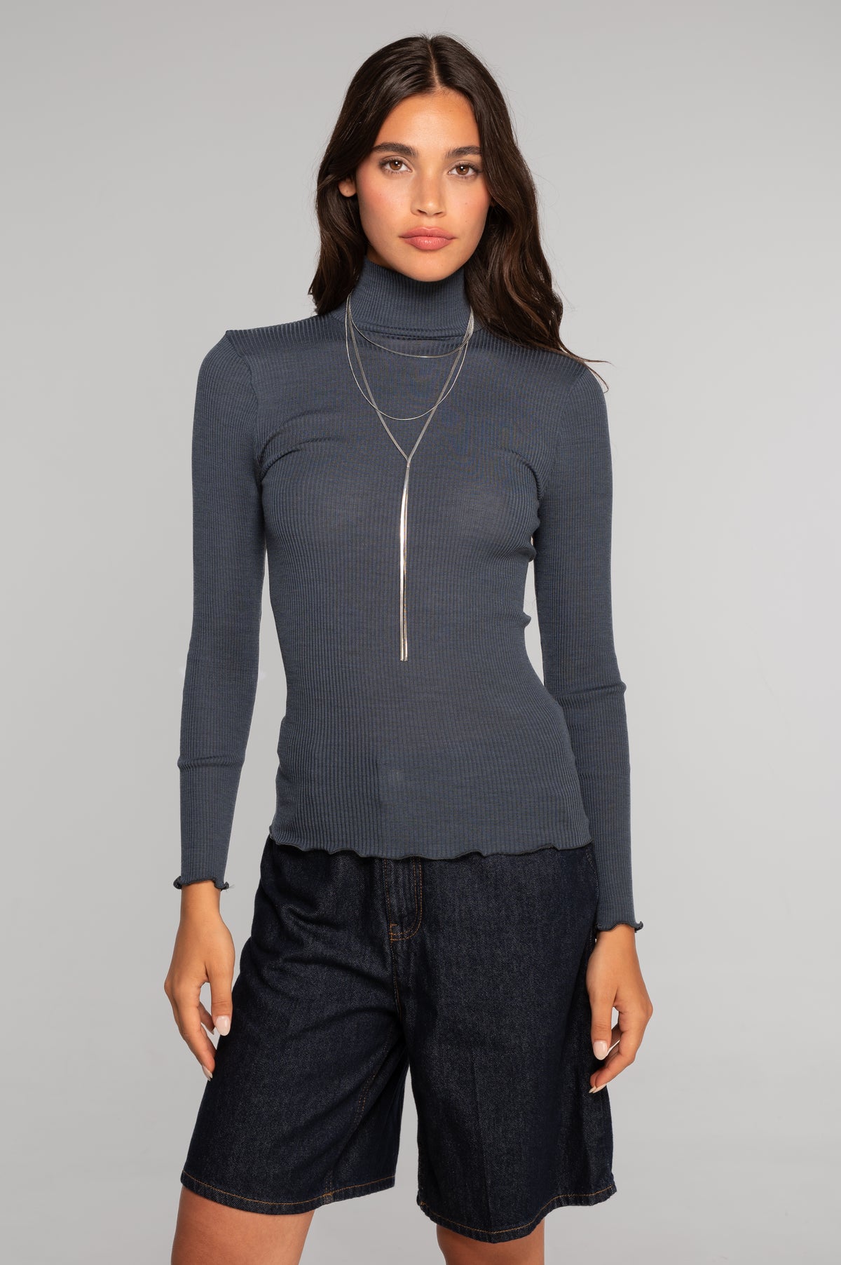 Wool and silk long sleeves mock neck shirt 3429
