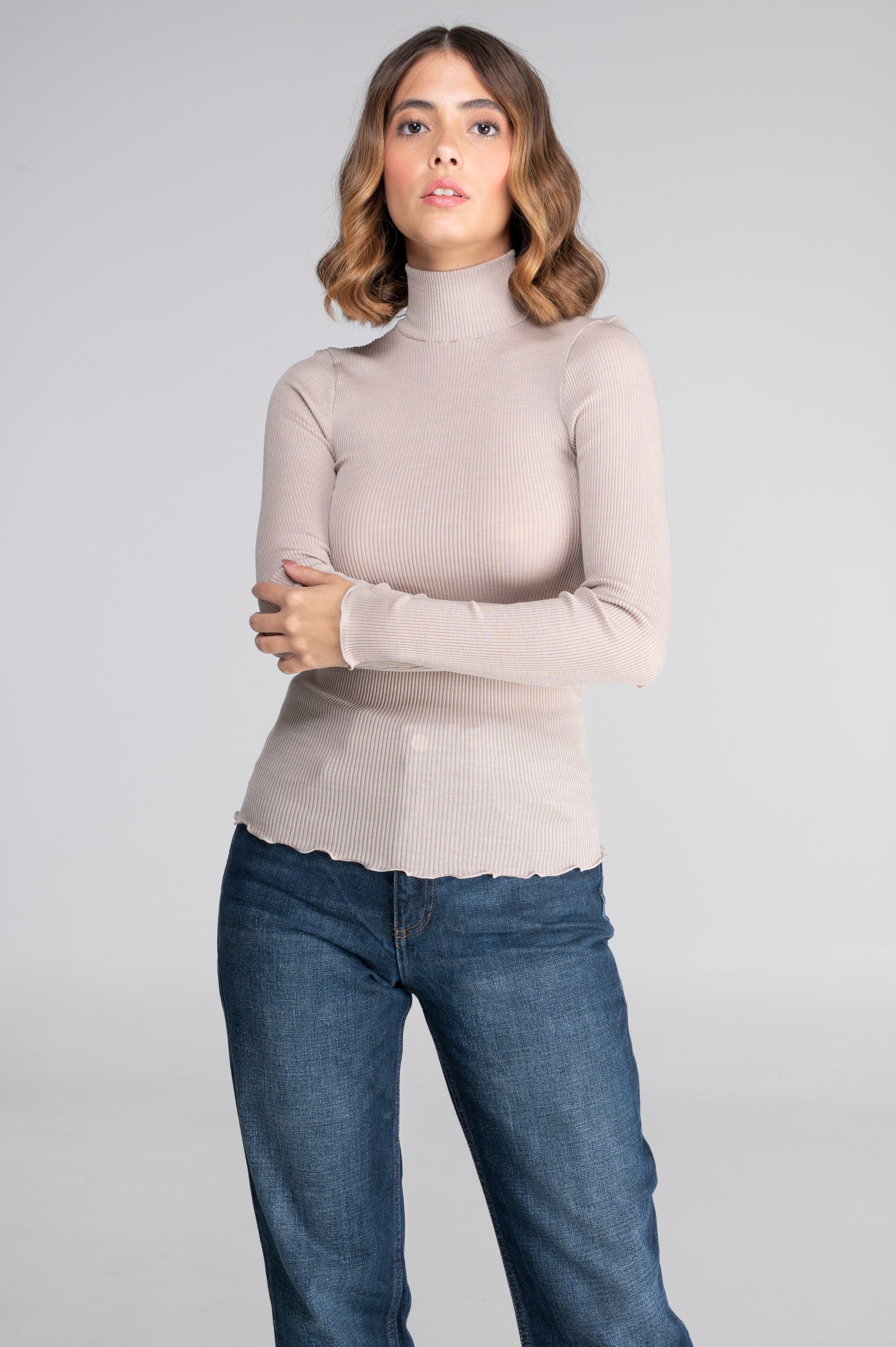 Wool and silk long sleeves mock neck shirt 3429