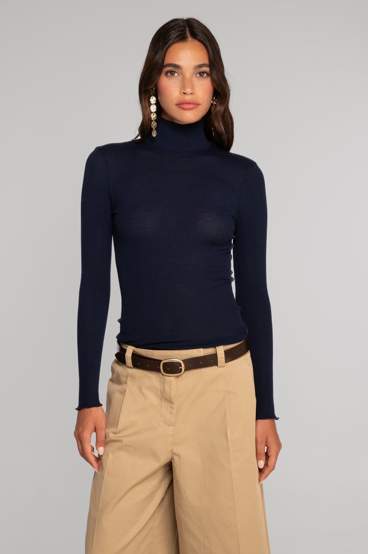 Wool and silk long sleeves mock neck shirt 3429