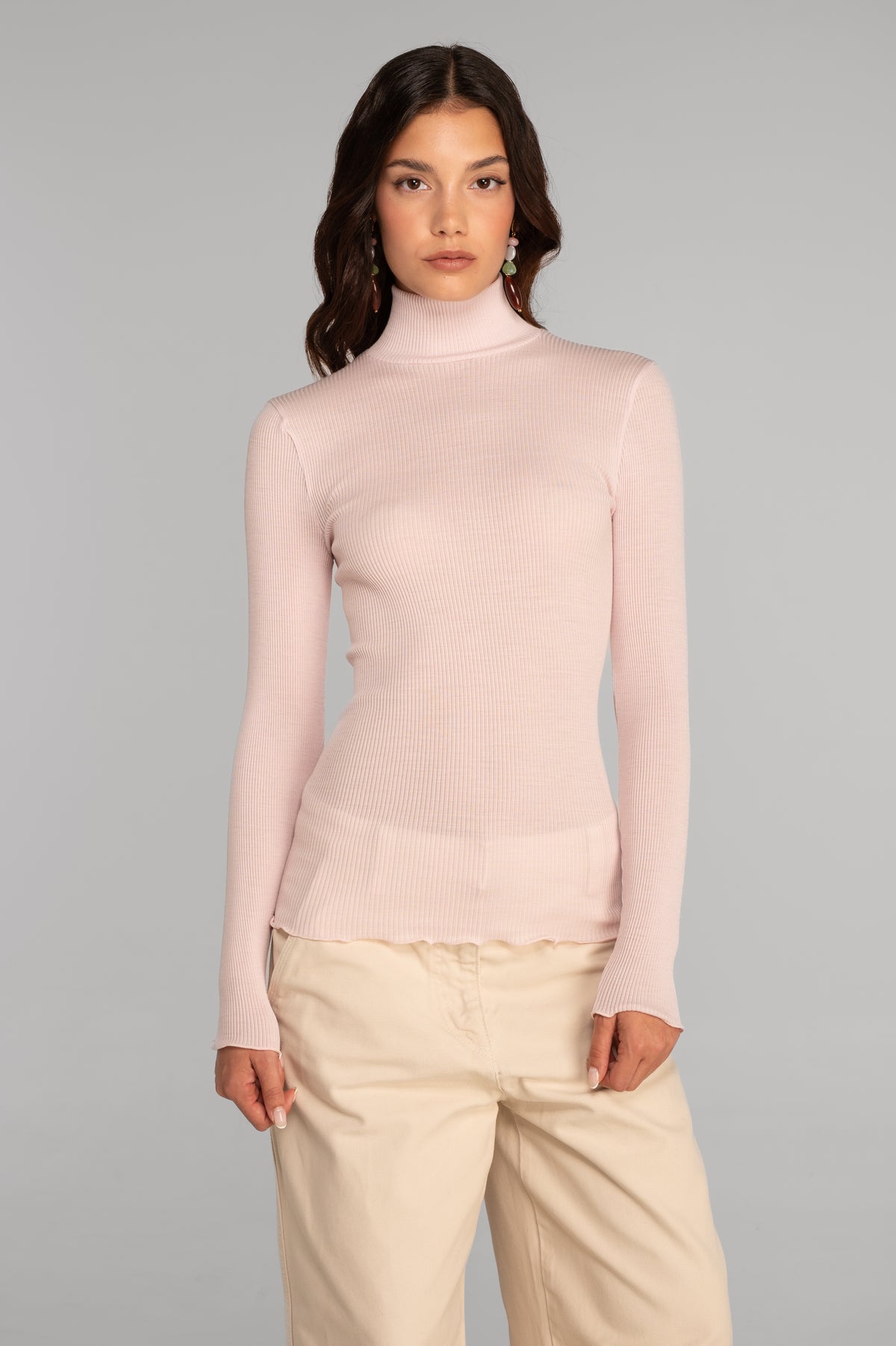 Wool and silk long sleeves mock neck shirt 3429