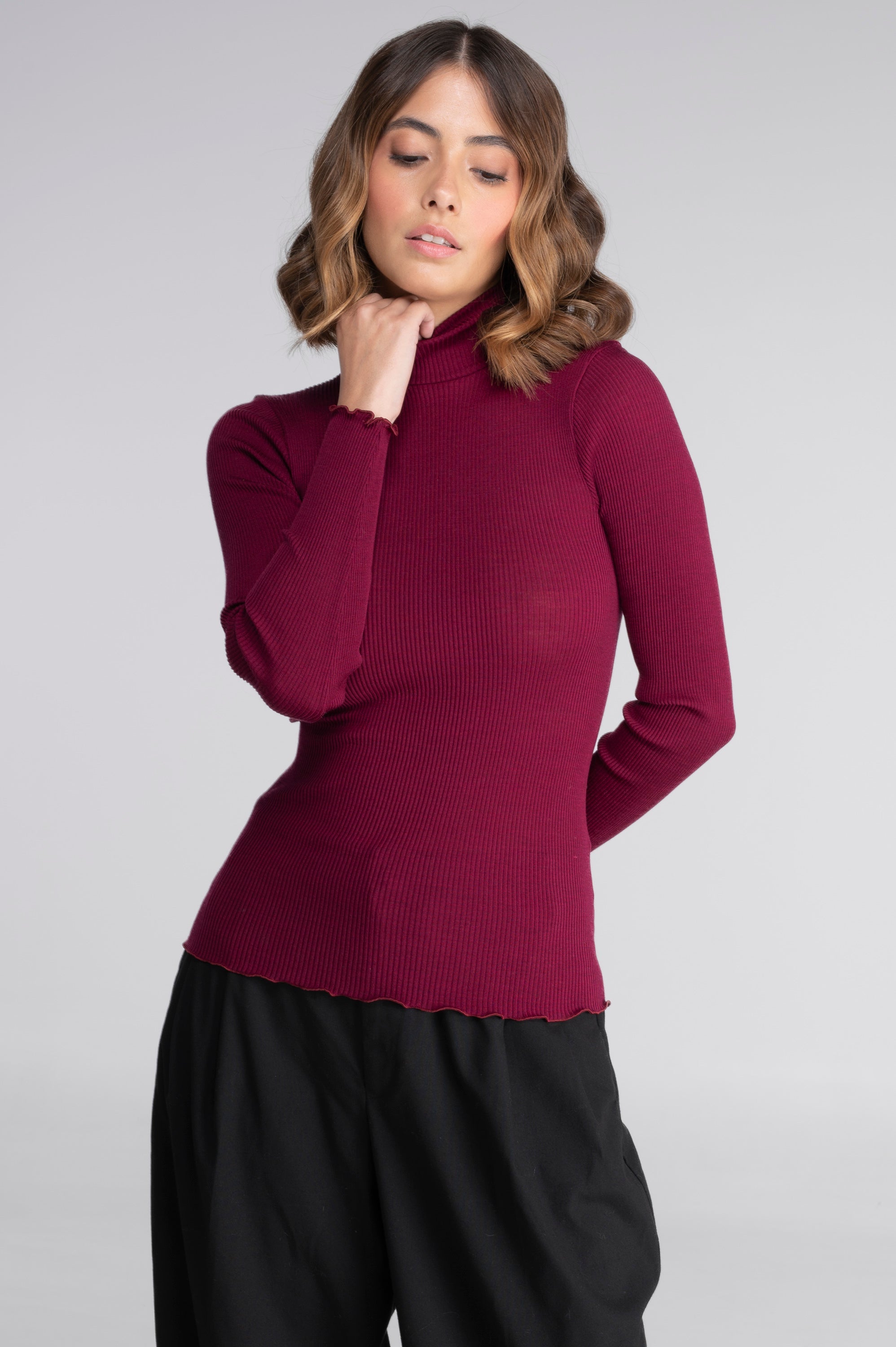 Wool and silk long sleeves mock neck shirt 3429