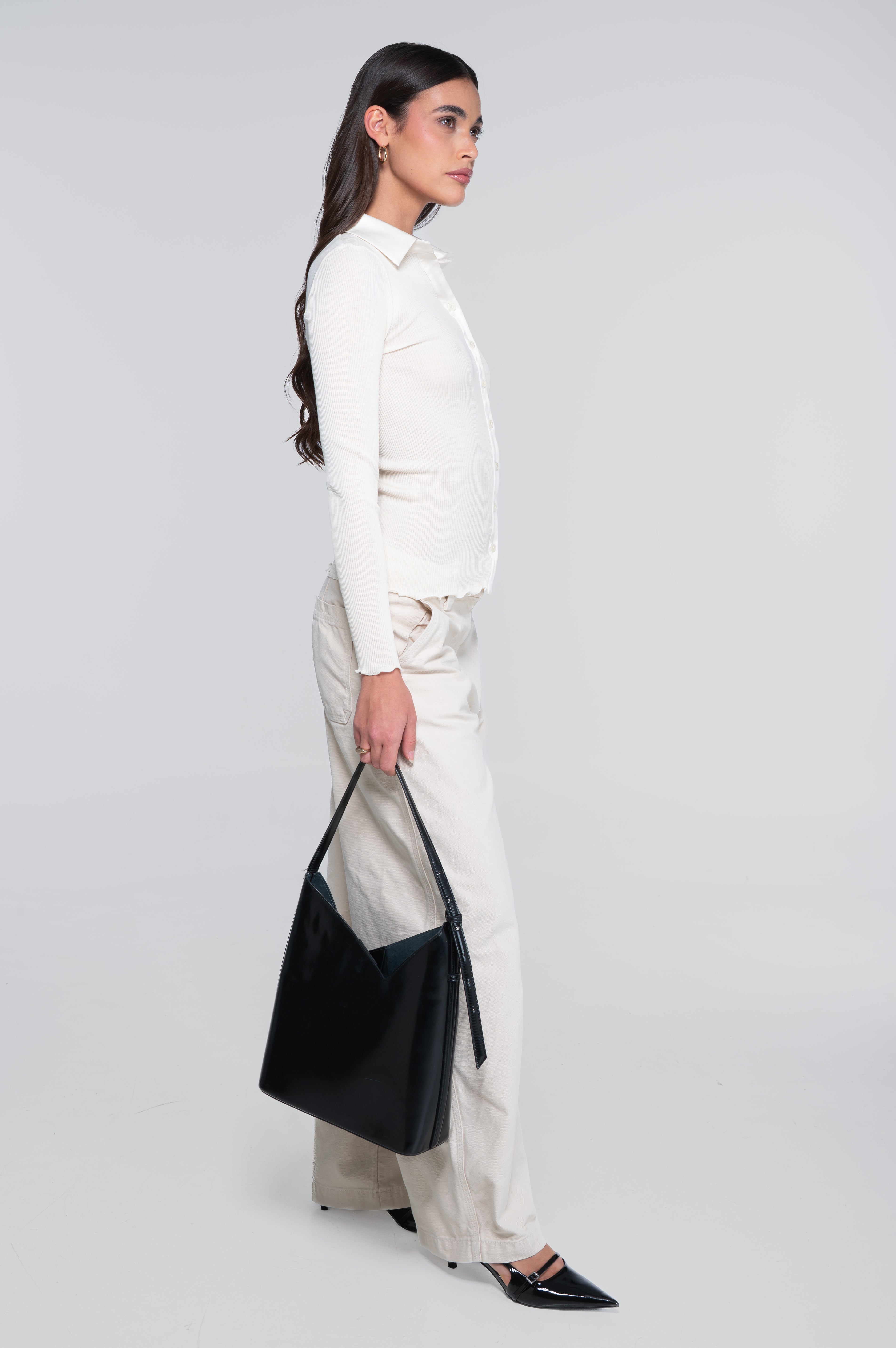 Wool and silk long sleeves shirt with satin opening 6350