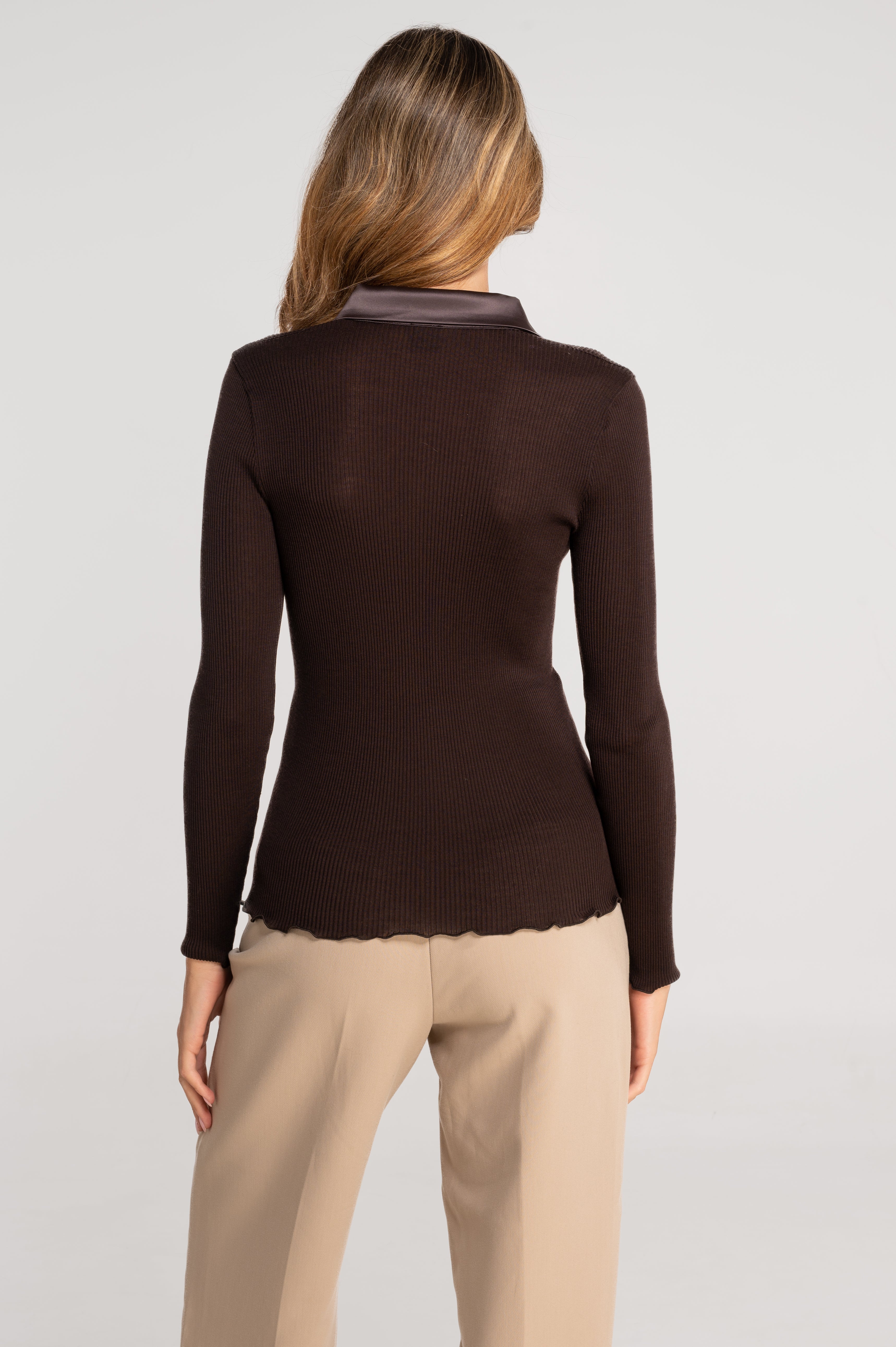 Wool and silk long sleeves shirt with satin opening 6350