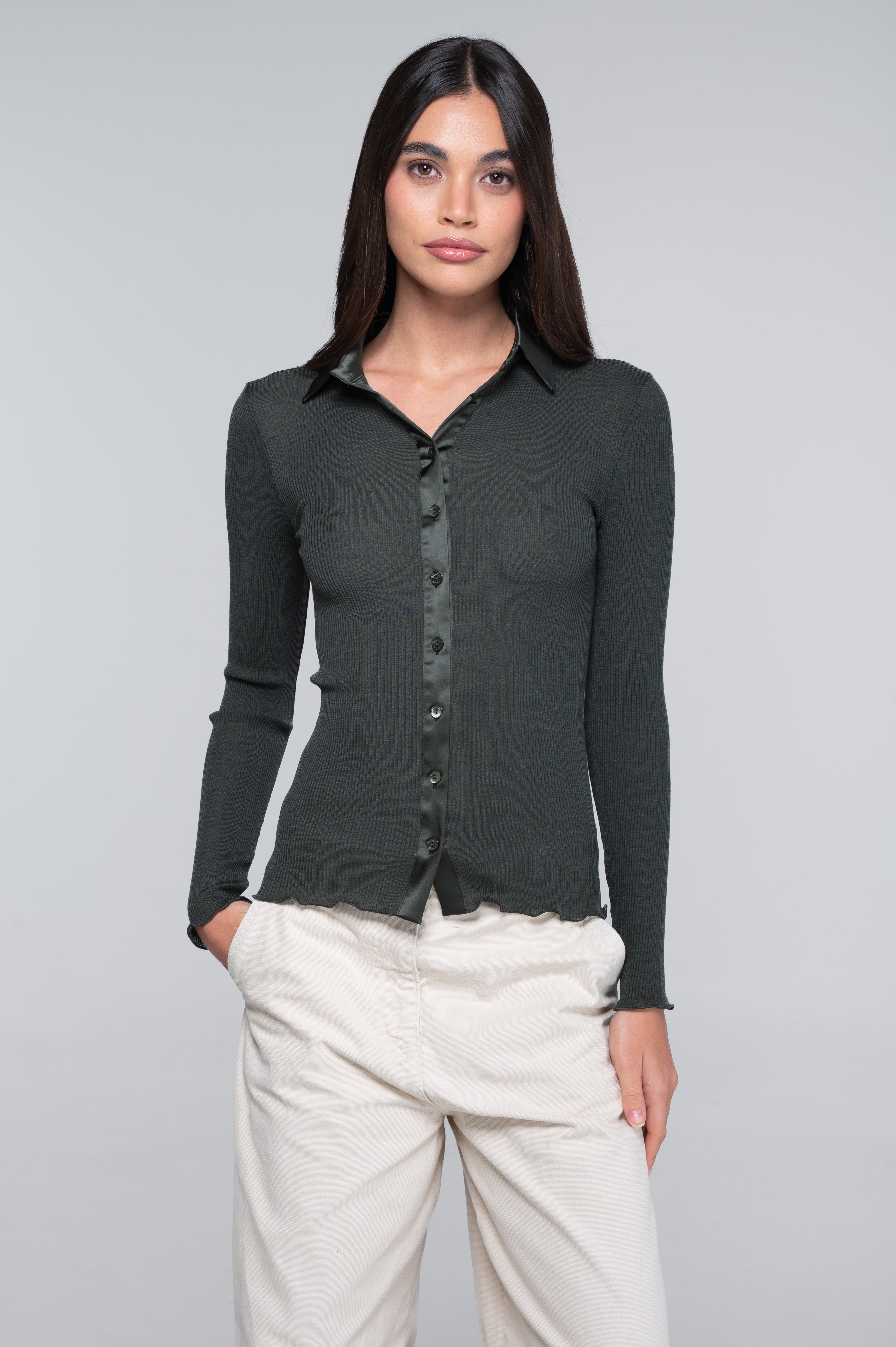 Wool and silk long sleeves shirt with satin opening 6350