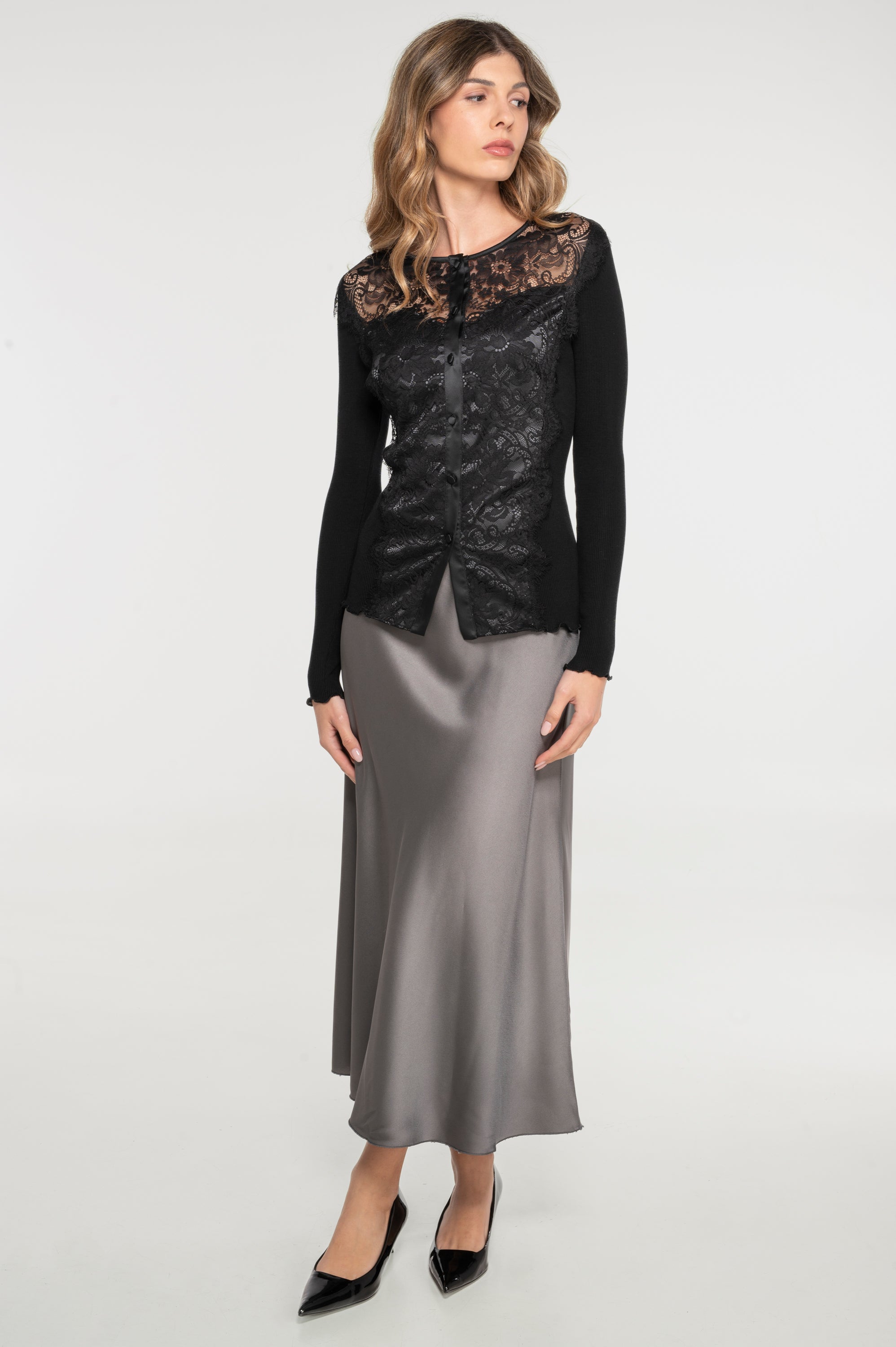 Wool and silk long sleeves shirt with chantilly lace 7444
