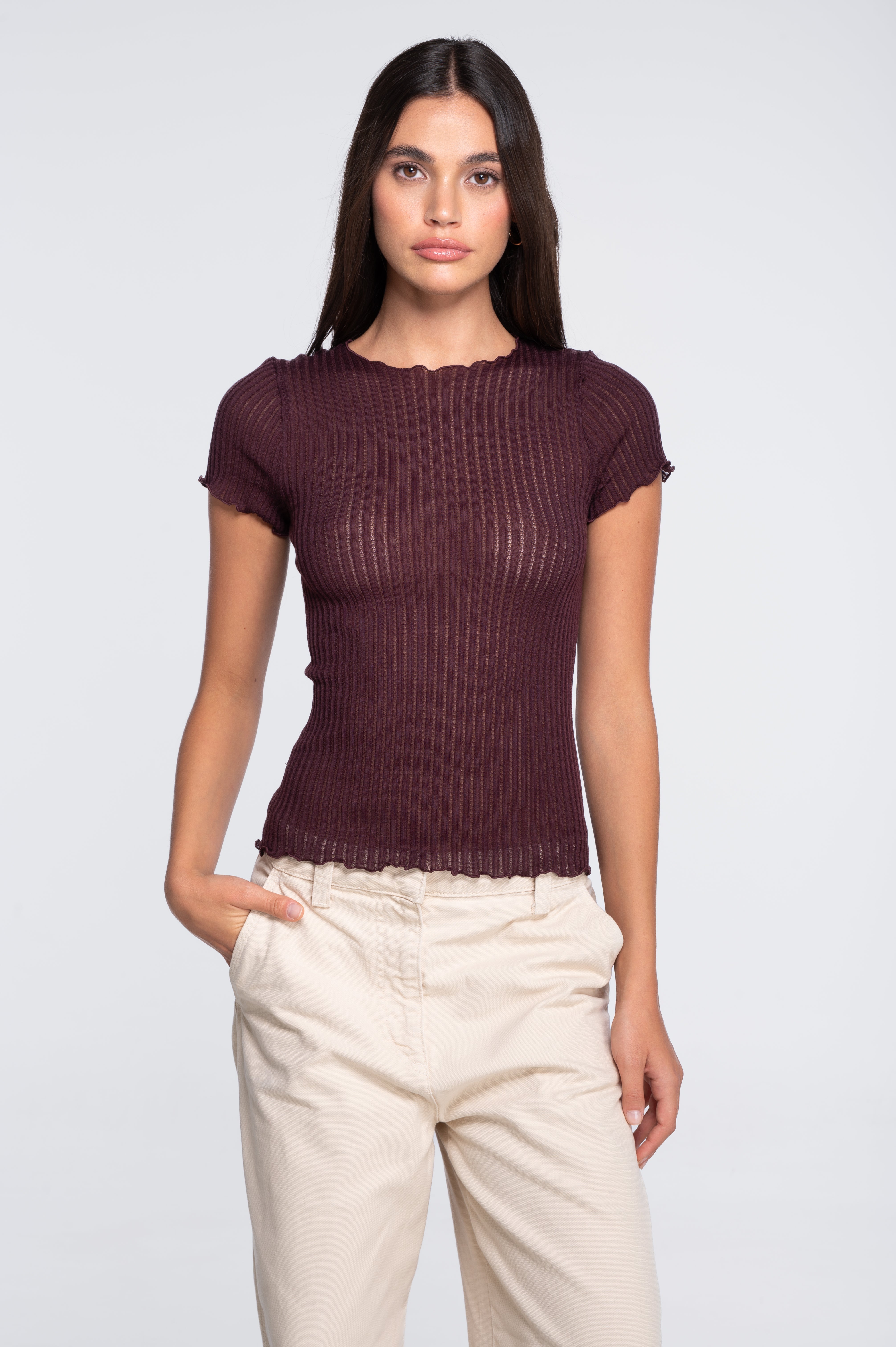 Short sleeves roundneck top in ajouré wool and silk 7493