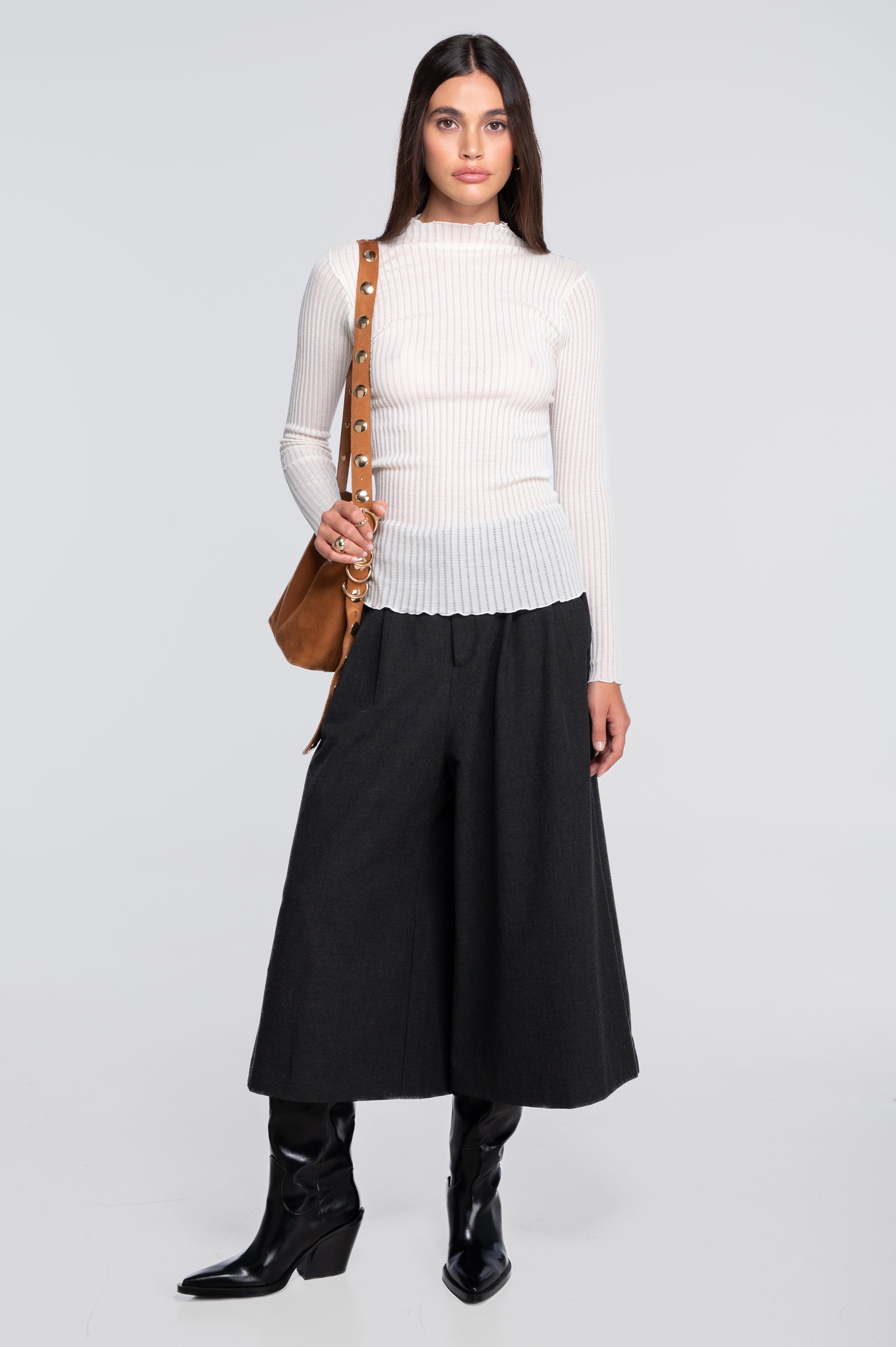 Long sleeves mock neck shirt in ajouré wool and silk 7494