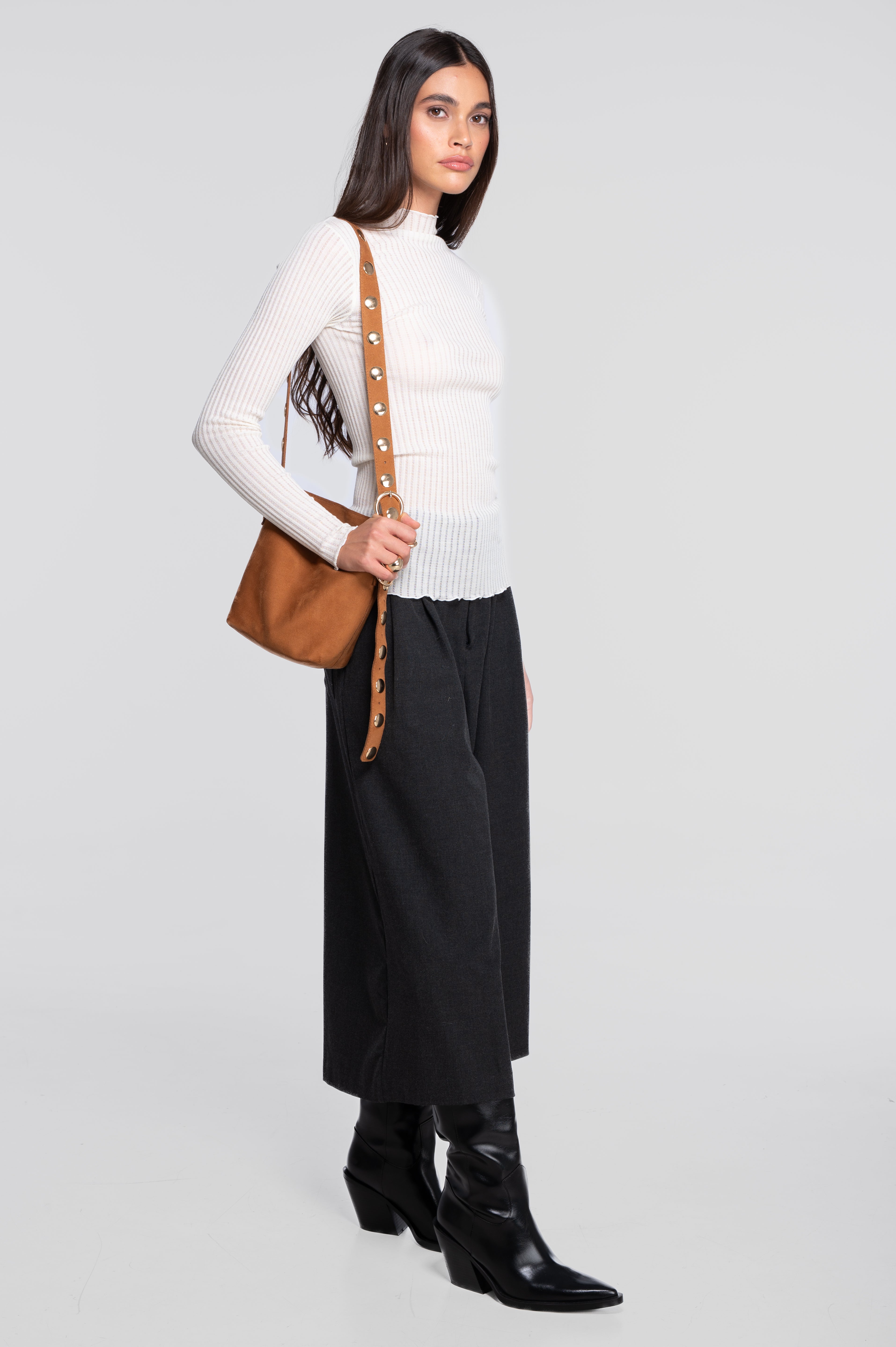 Long sleeves mock neck shirt in ajouré wool and silk 7494