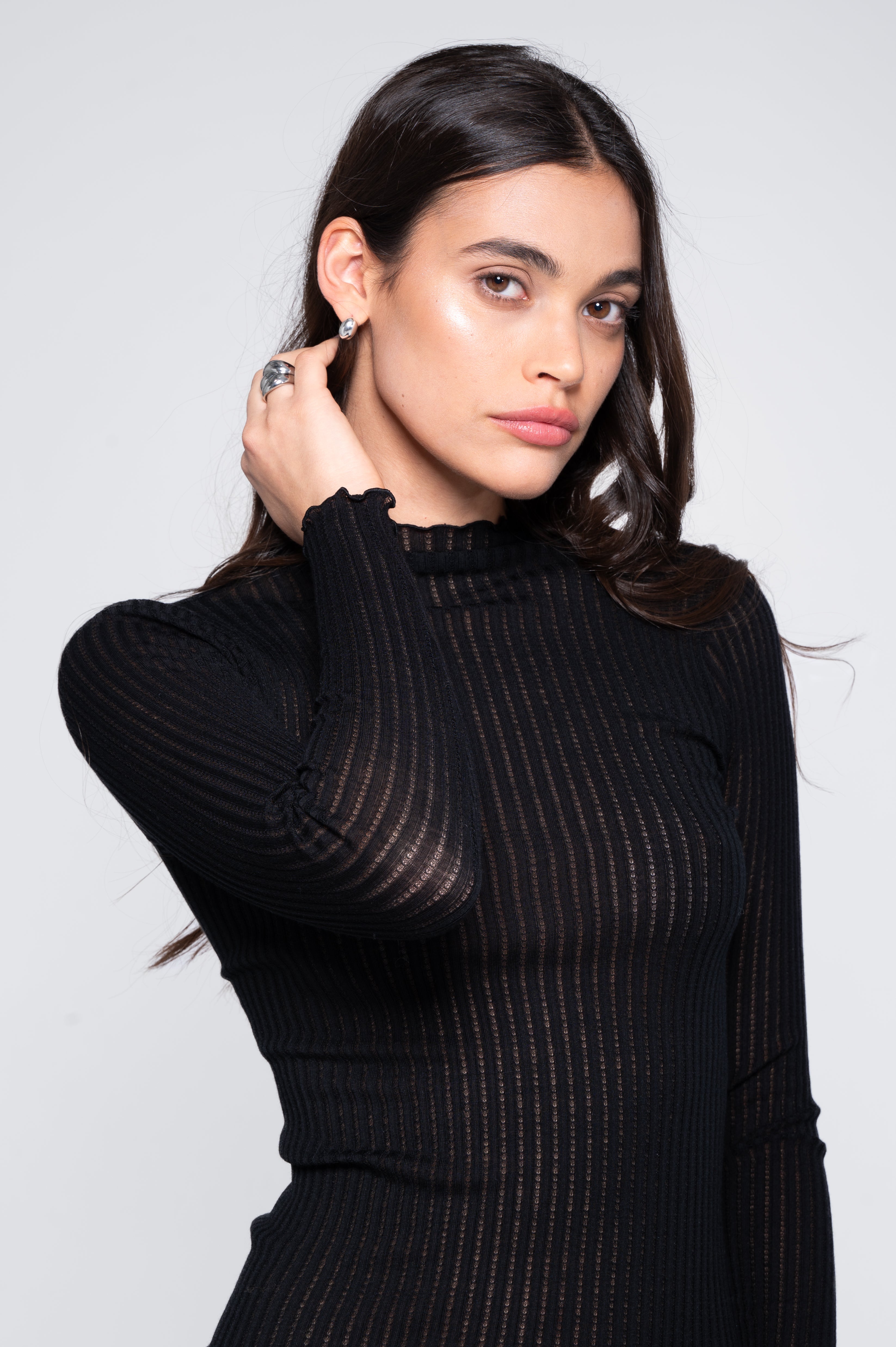 Long sleeves mock neck shirt in ajouré wool and silk 7494