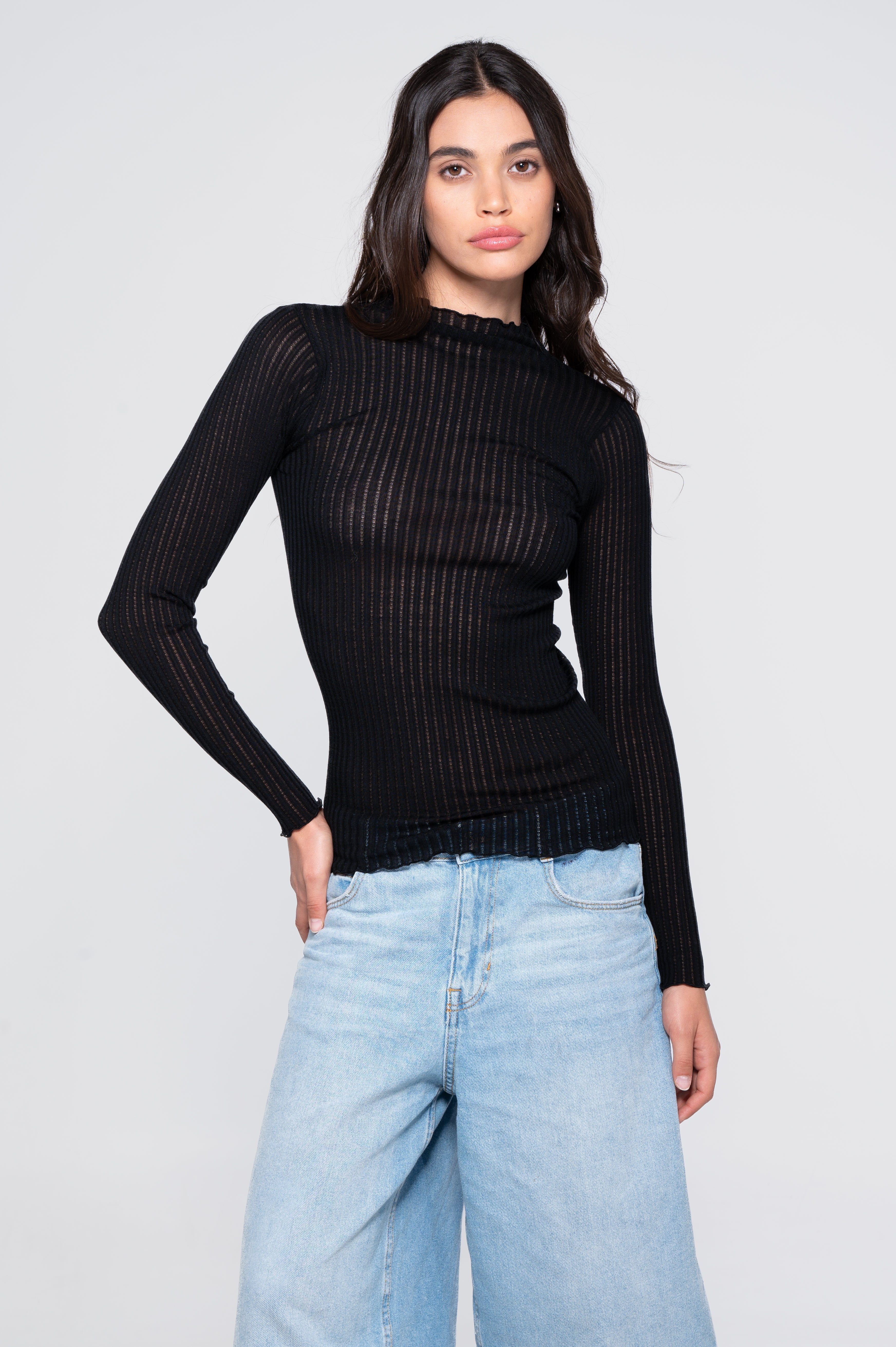 Long sleeves mock neck shirt in ajouré wool and silk 7494