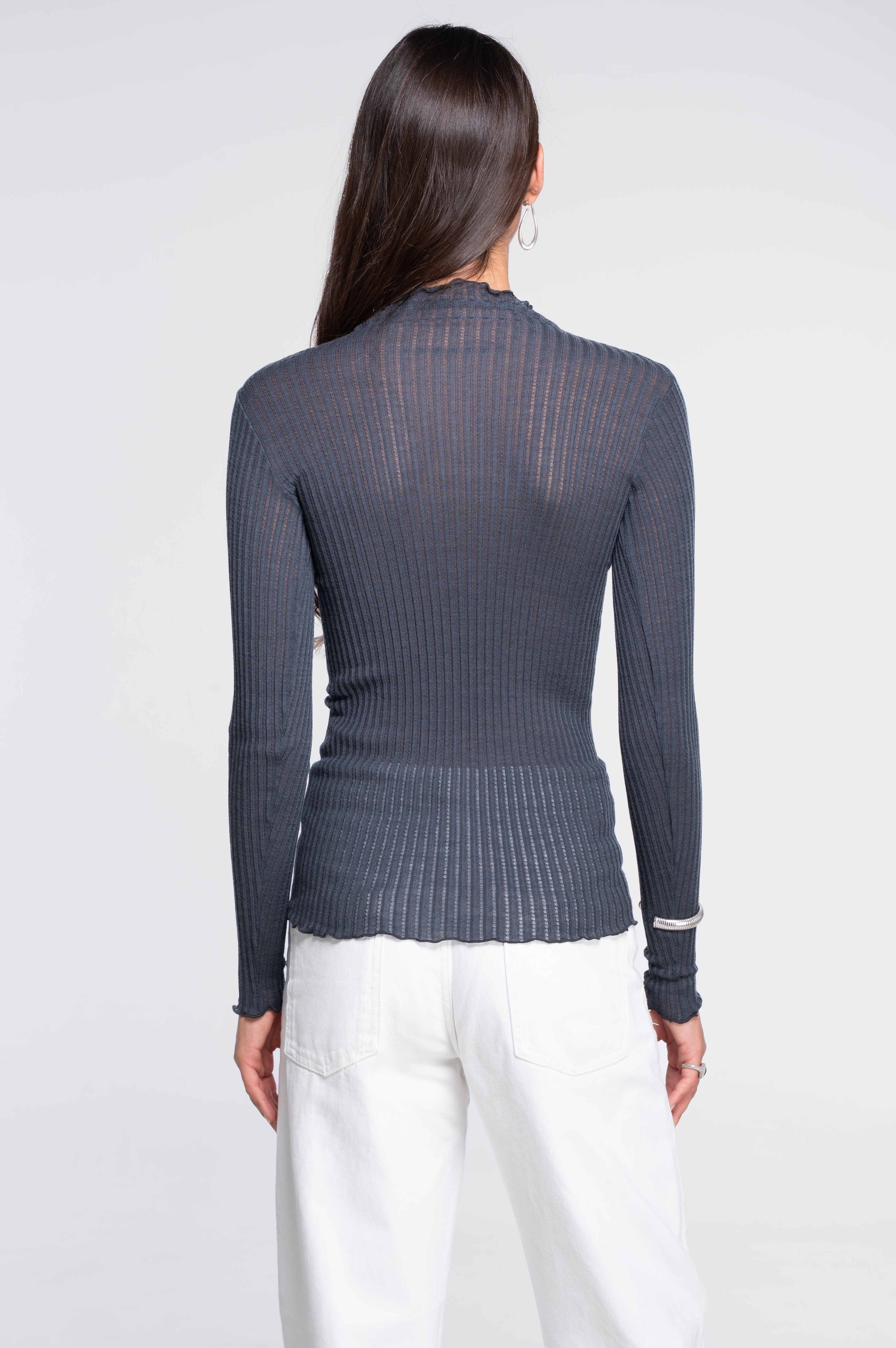 Long sleeves mock neck shirt in ajouré wool and silk 7494