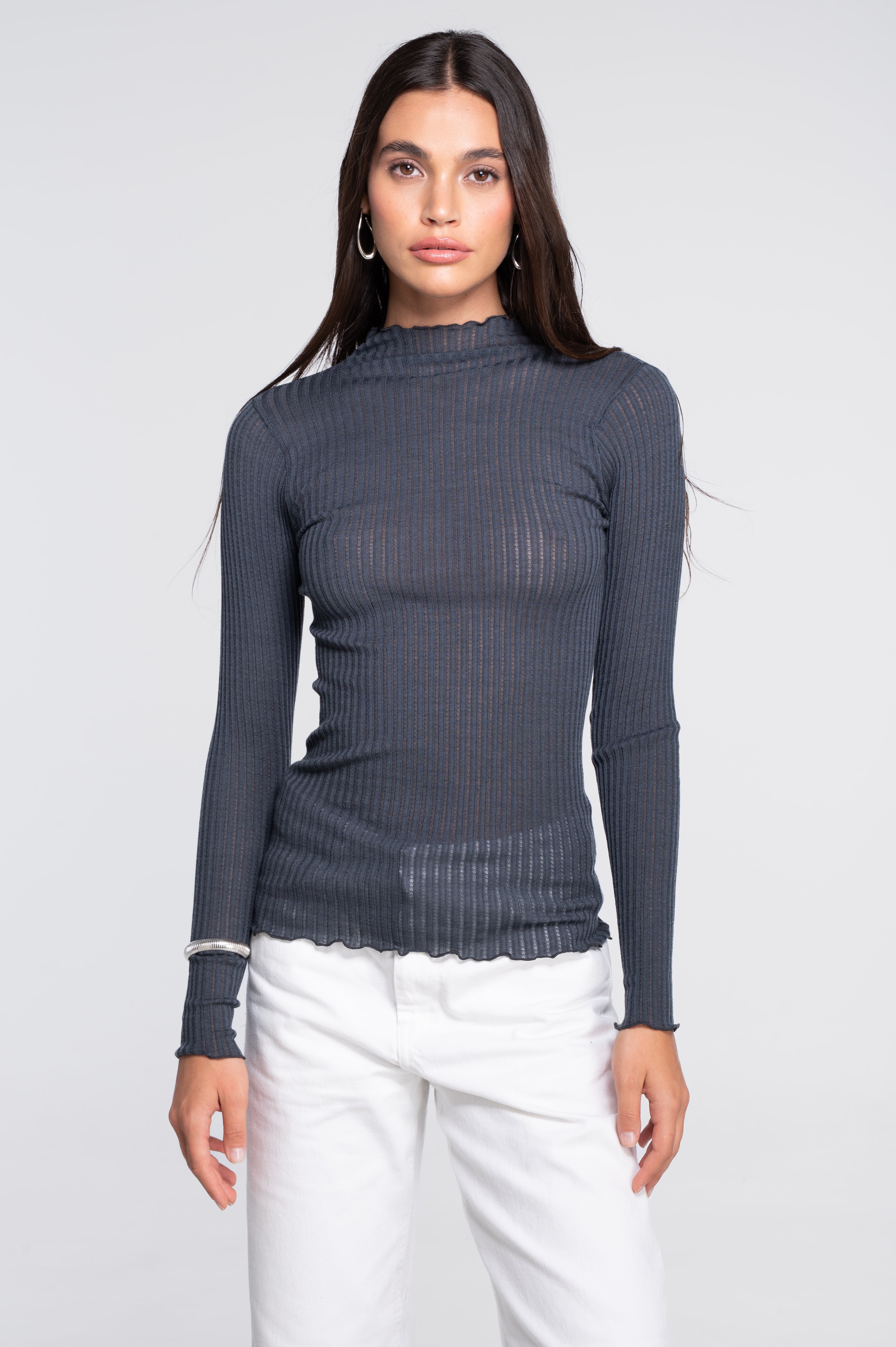 Long sleeves mock neck shirt in ajouré wool and silk 7494