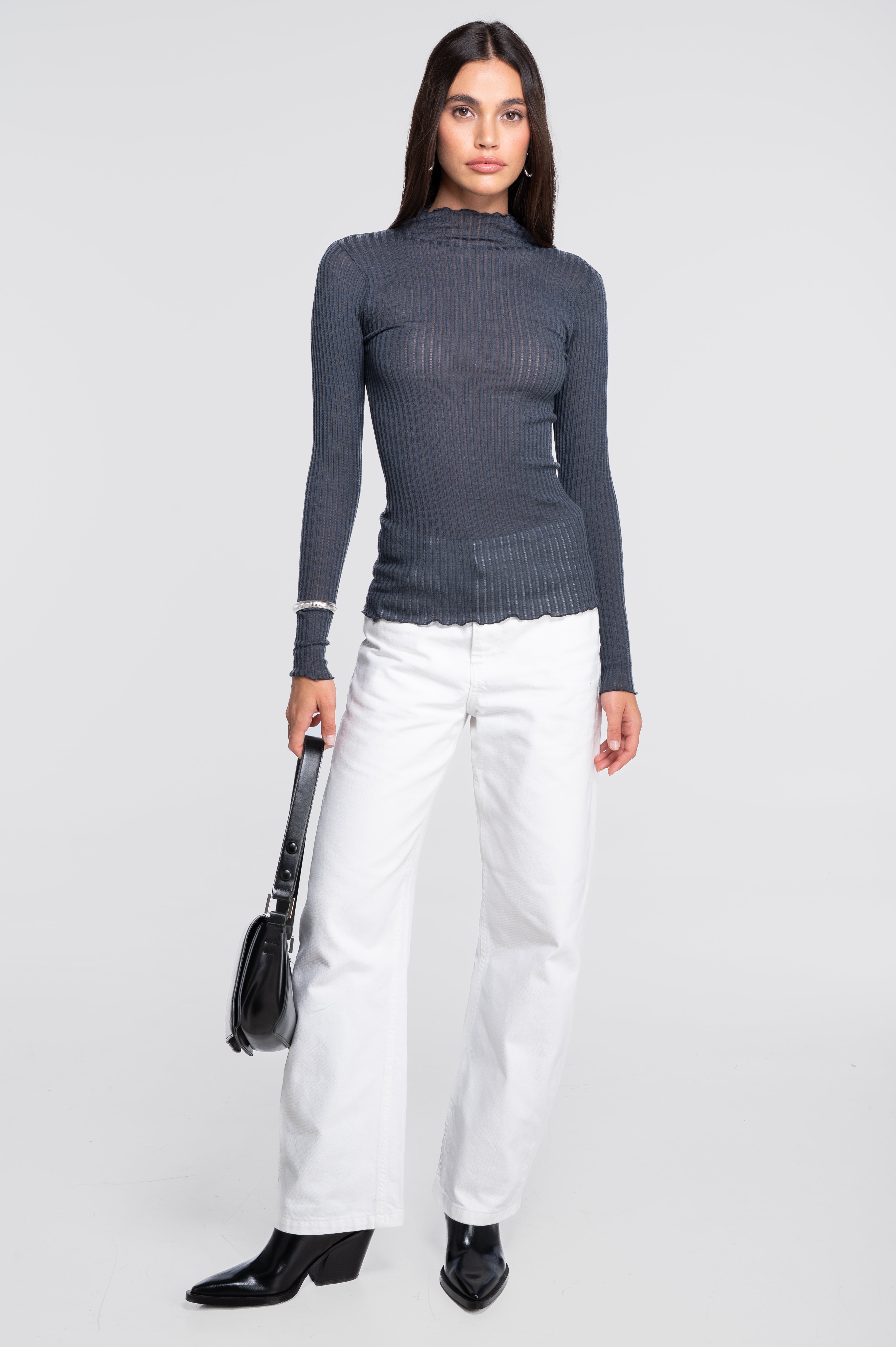 Long sleeves mock neck shirt in ajouré wool and silk 7494