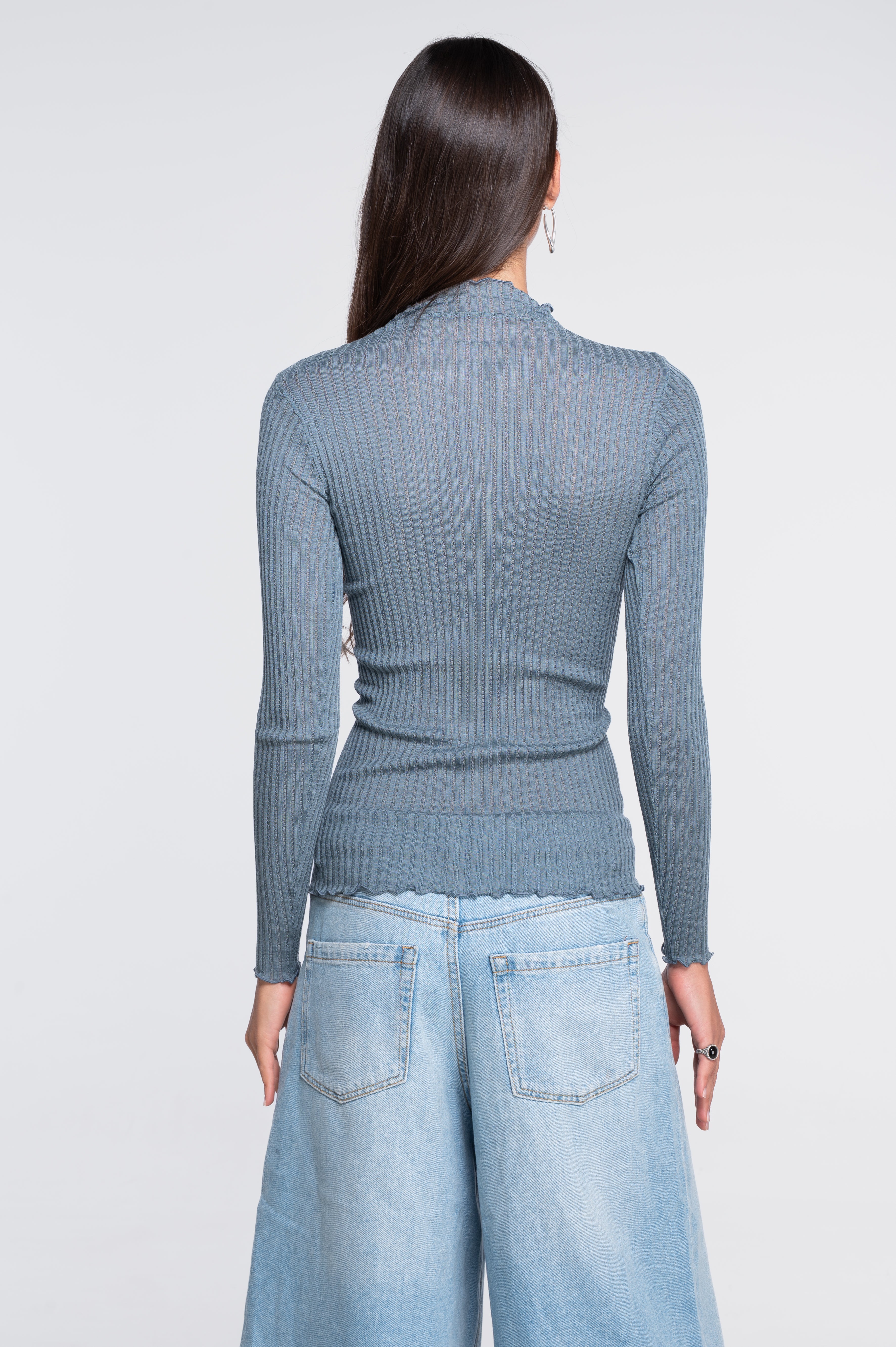 Long sleeves mock neck shirt in ajouré wool and silk 7494