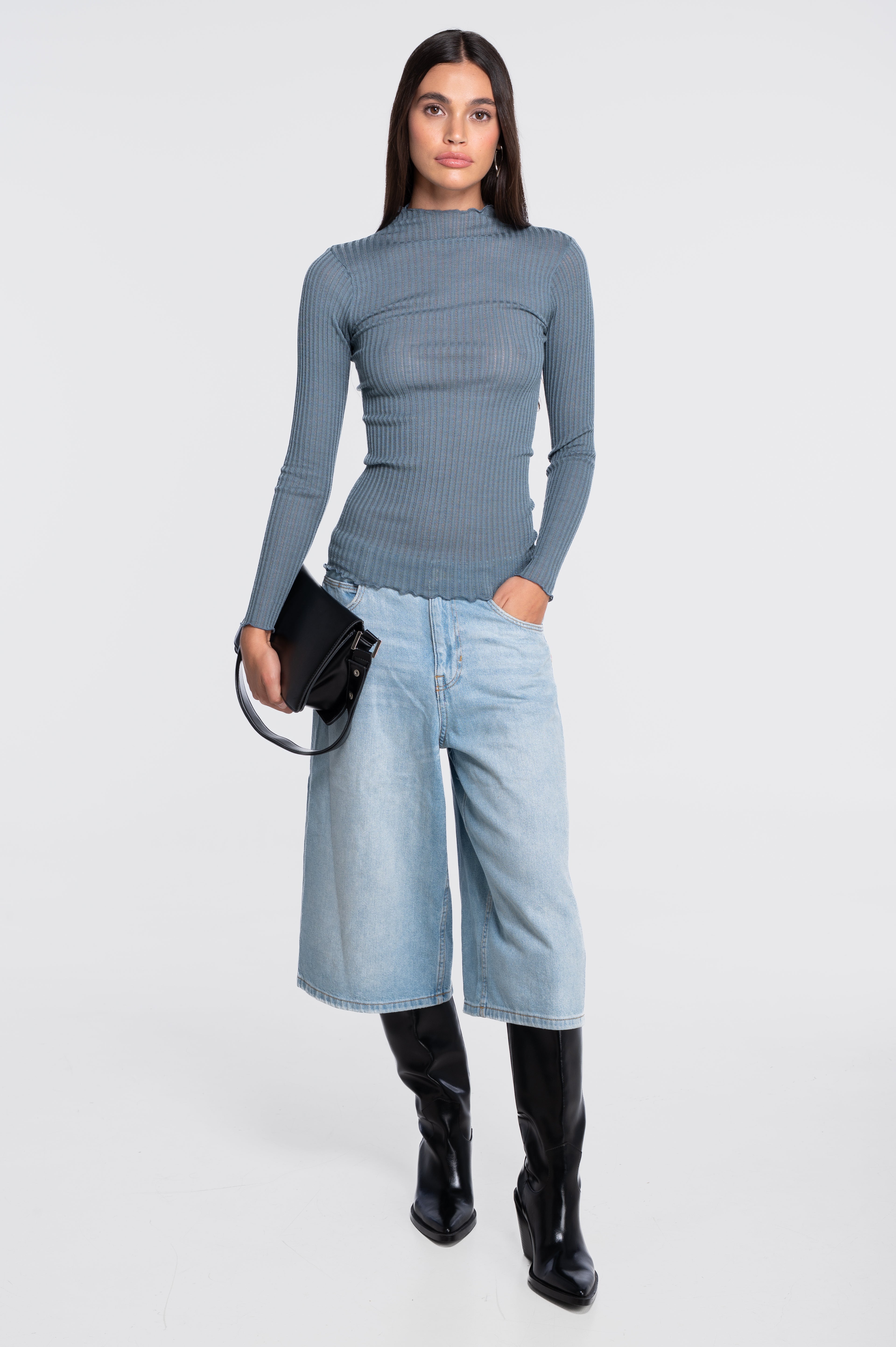 Long sleeves mock neck shirt in ajouré wool and silk 7494