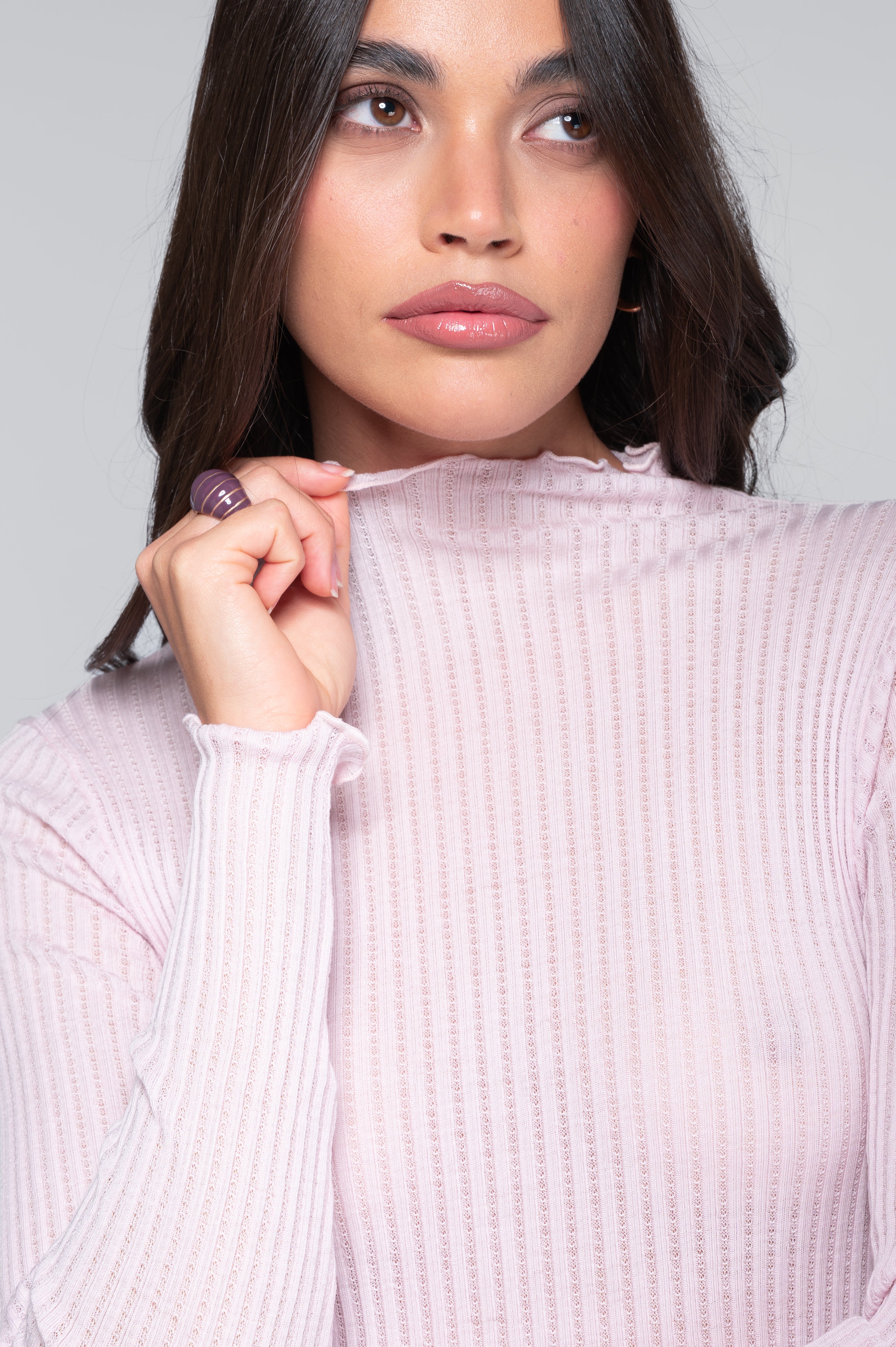 Long sleeves mock neck shirt in ajouré wool and silk 7494