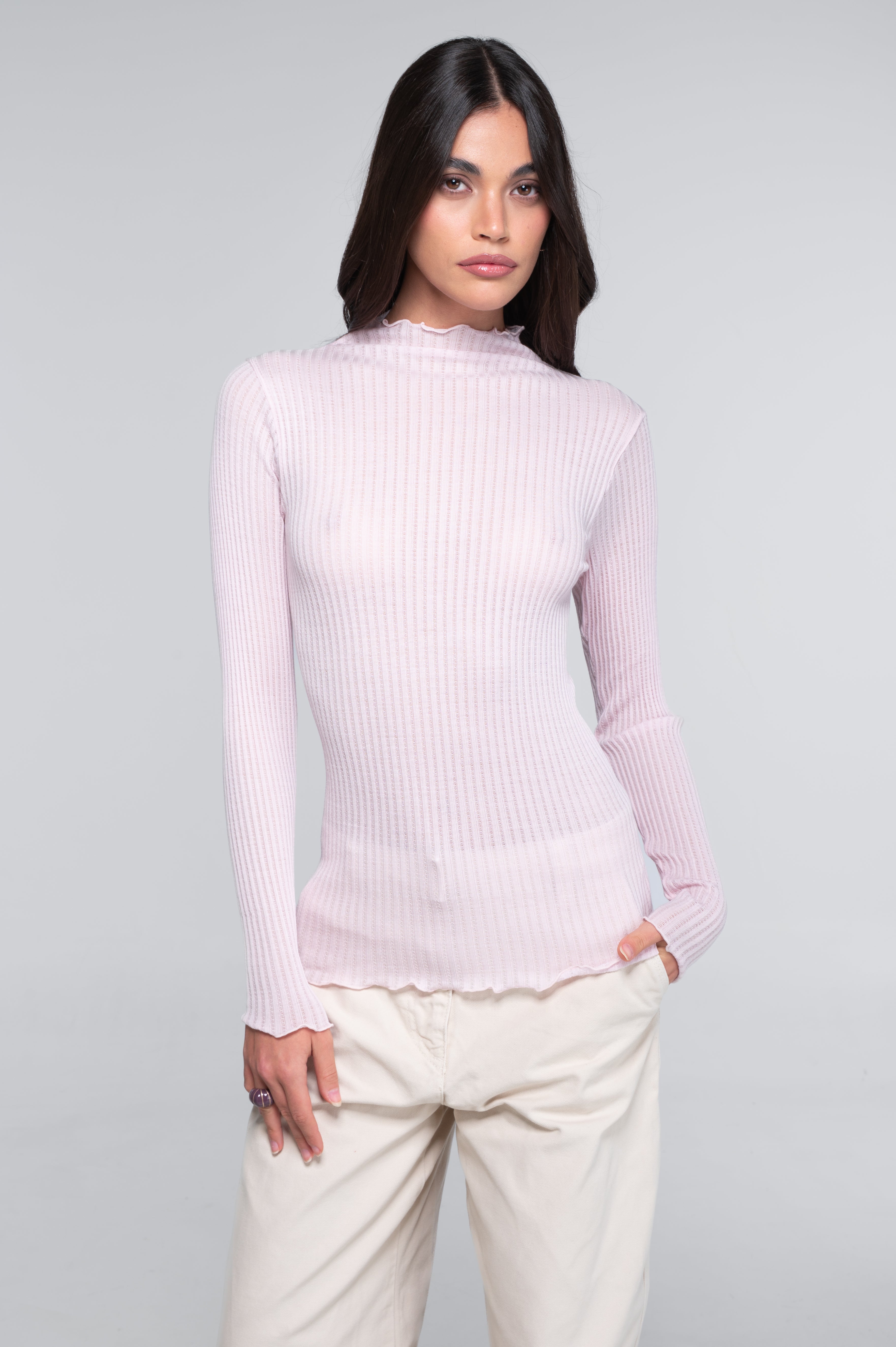 Long sleeves mock neck shirt in ajouré wool and silk 7494