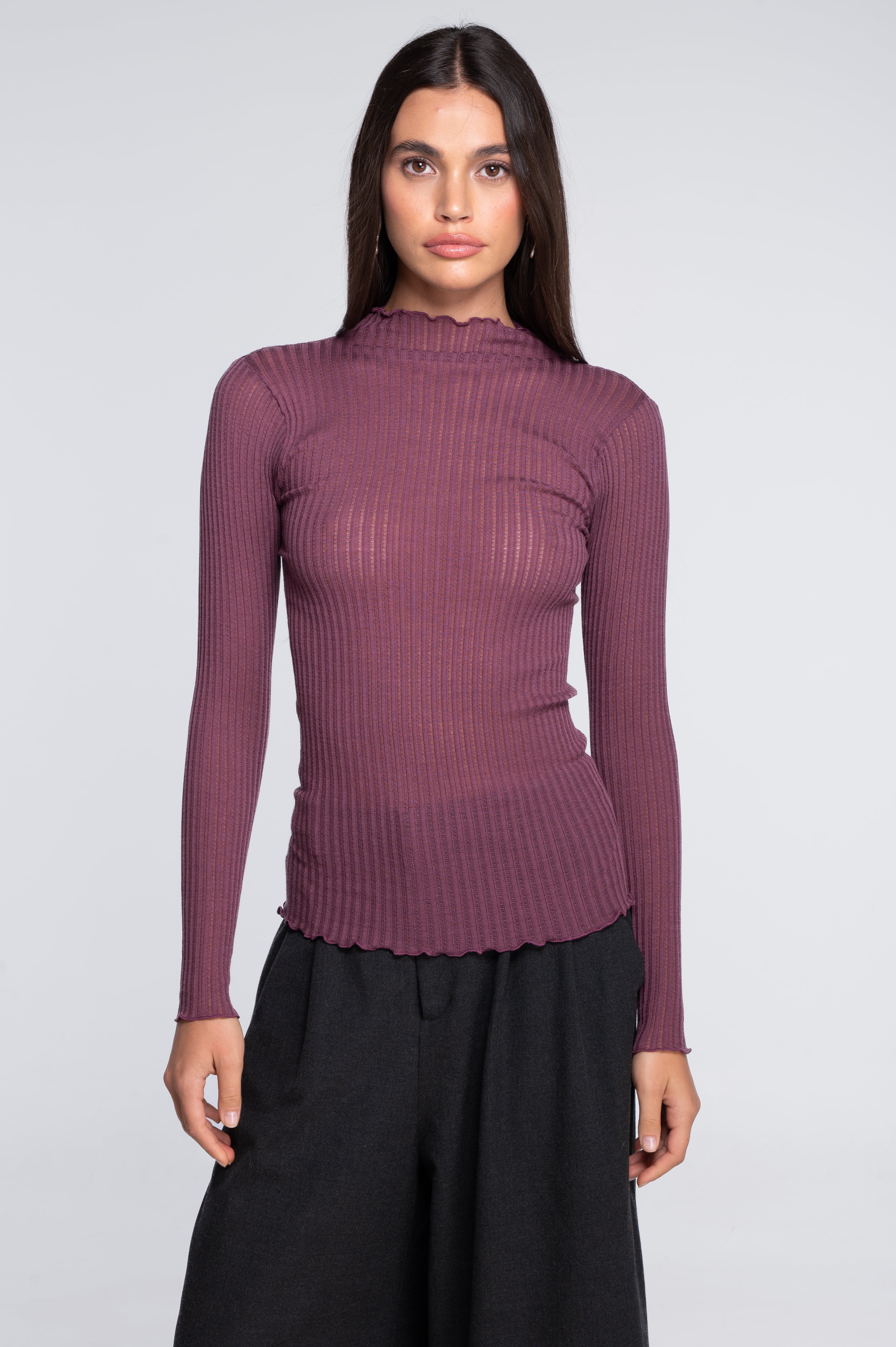 Long sleeves mock neck shirt in ajouré wool and silk 7494