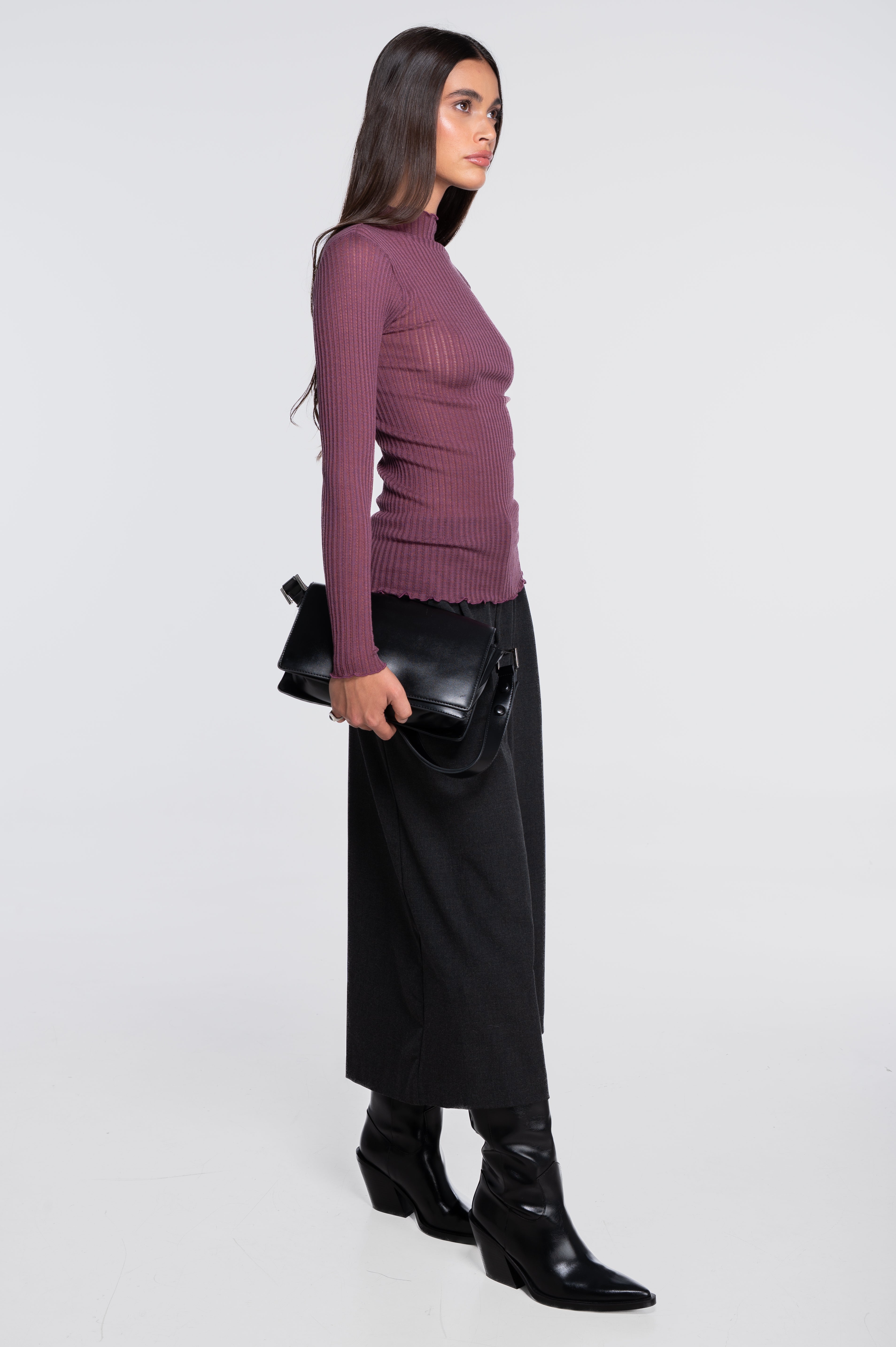 Long sleeves mock neck shirt in ajouré wool and silk 7494