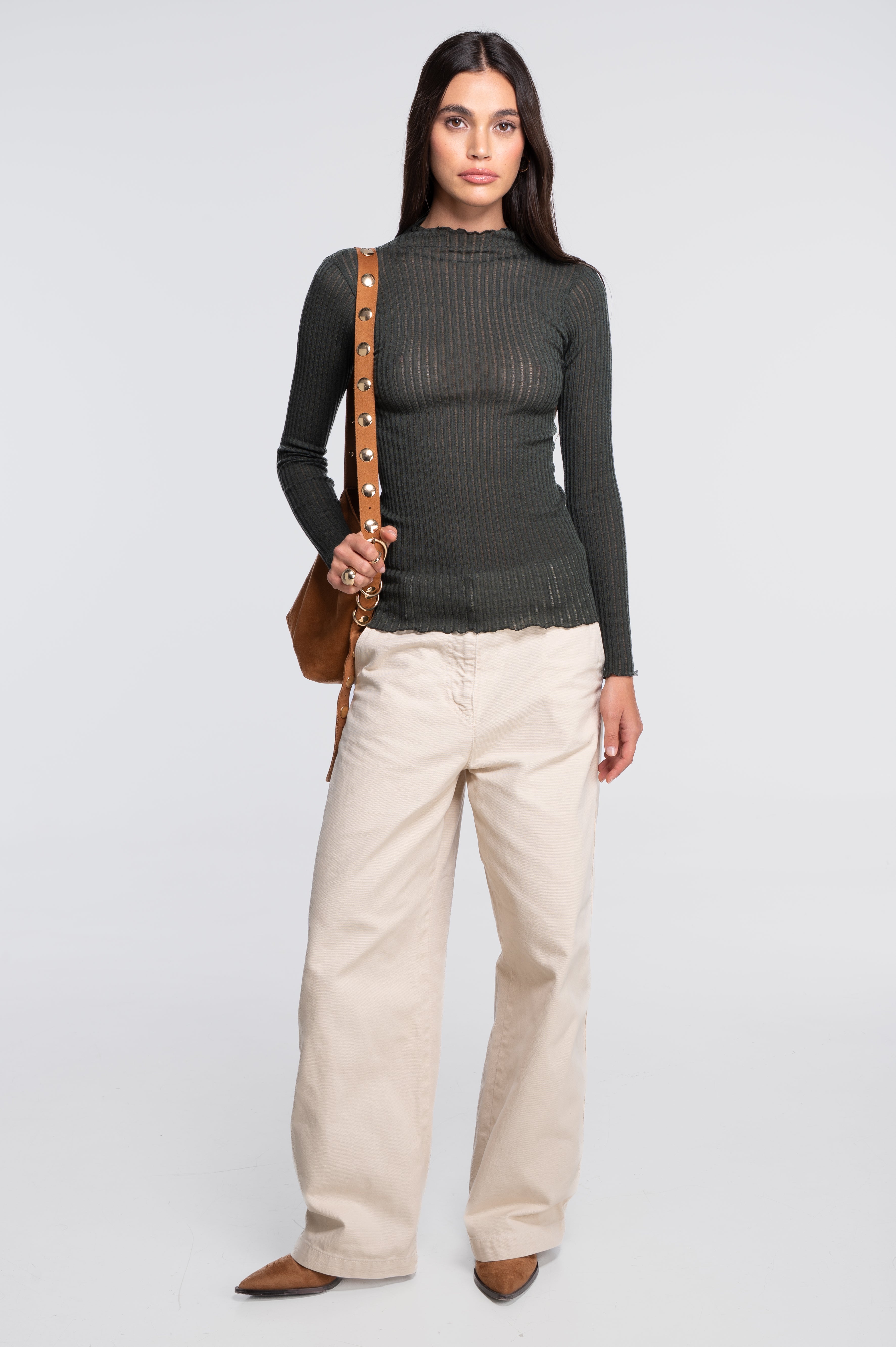 Long sleeves mock neck shirt in ajouré wool and silk 7494