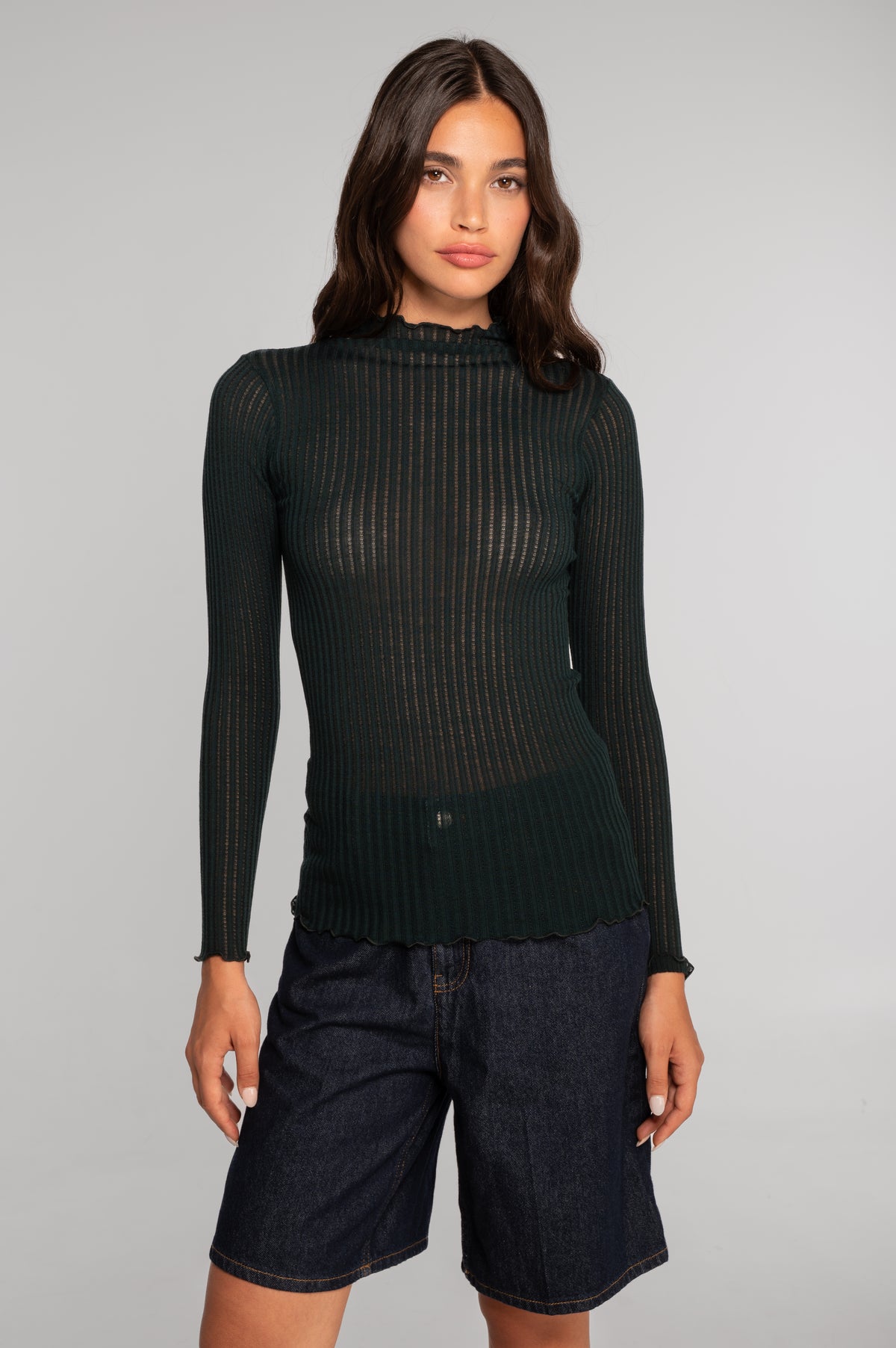 Long sleeves mock neck shirt in ajouré wool and silk 7494
