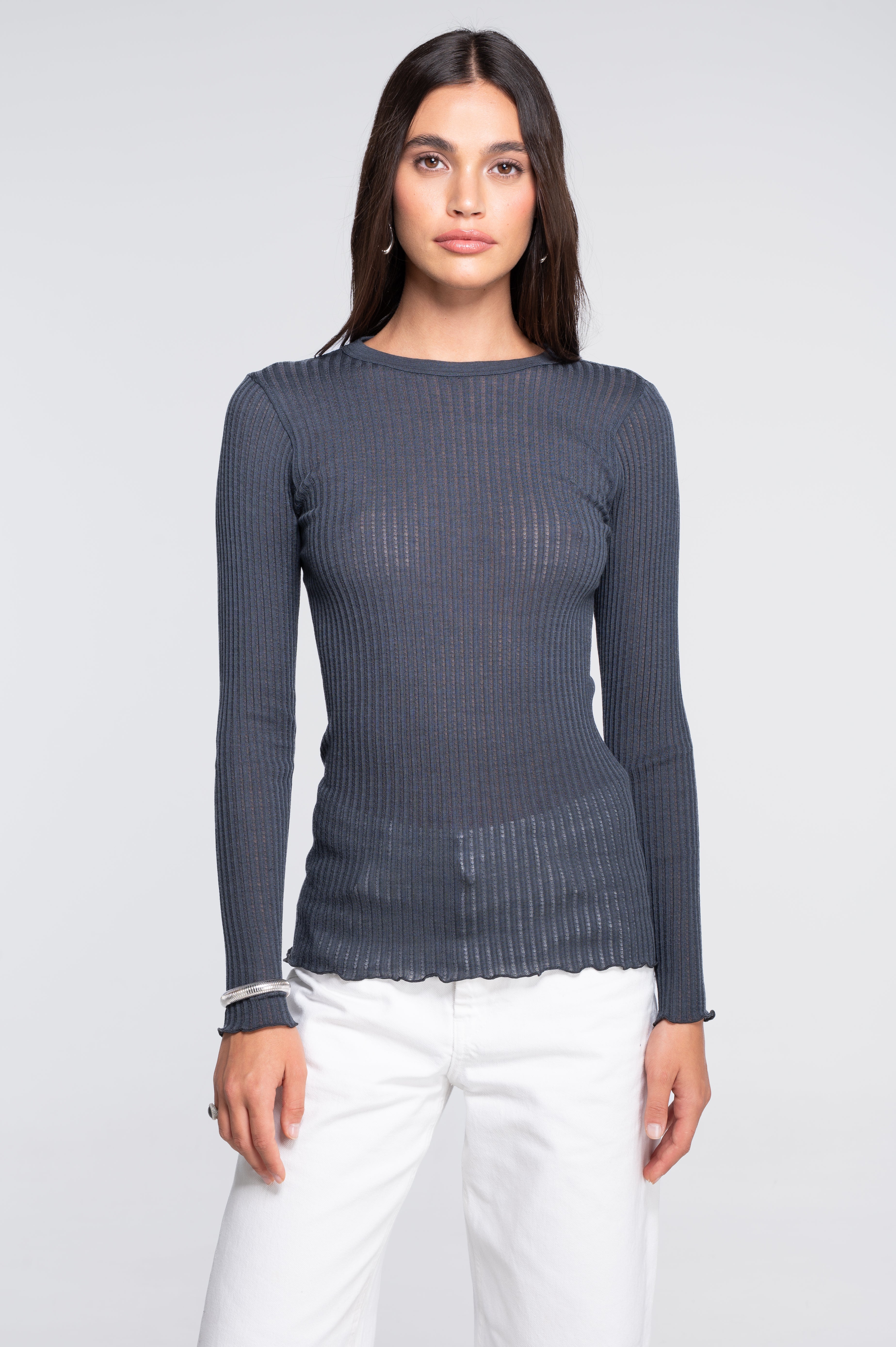 Long sleeves round neck shirt in ajouré wool and silk 7496