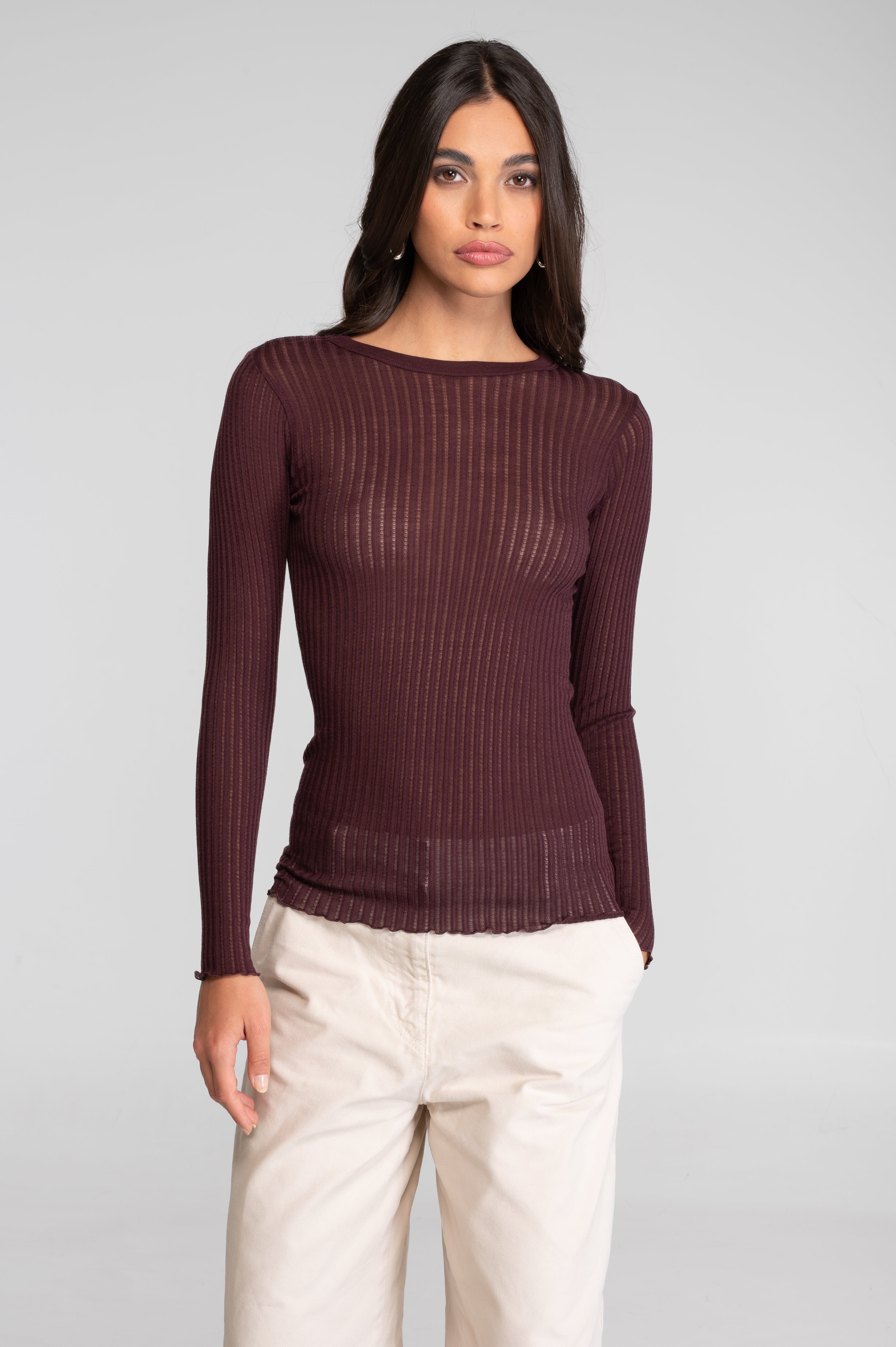 Long sleeves round neck shirt in ajouré wool and silk 7496