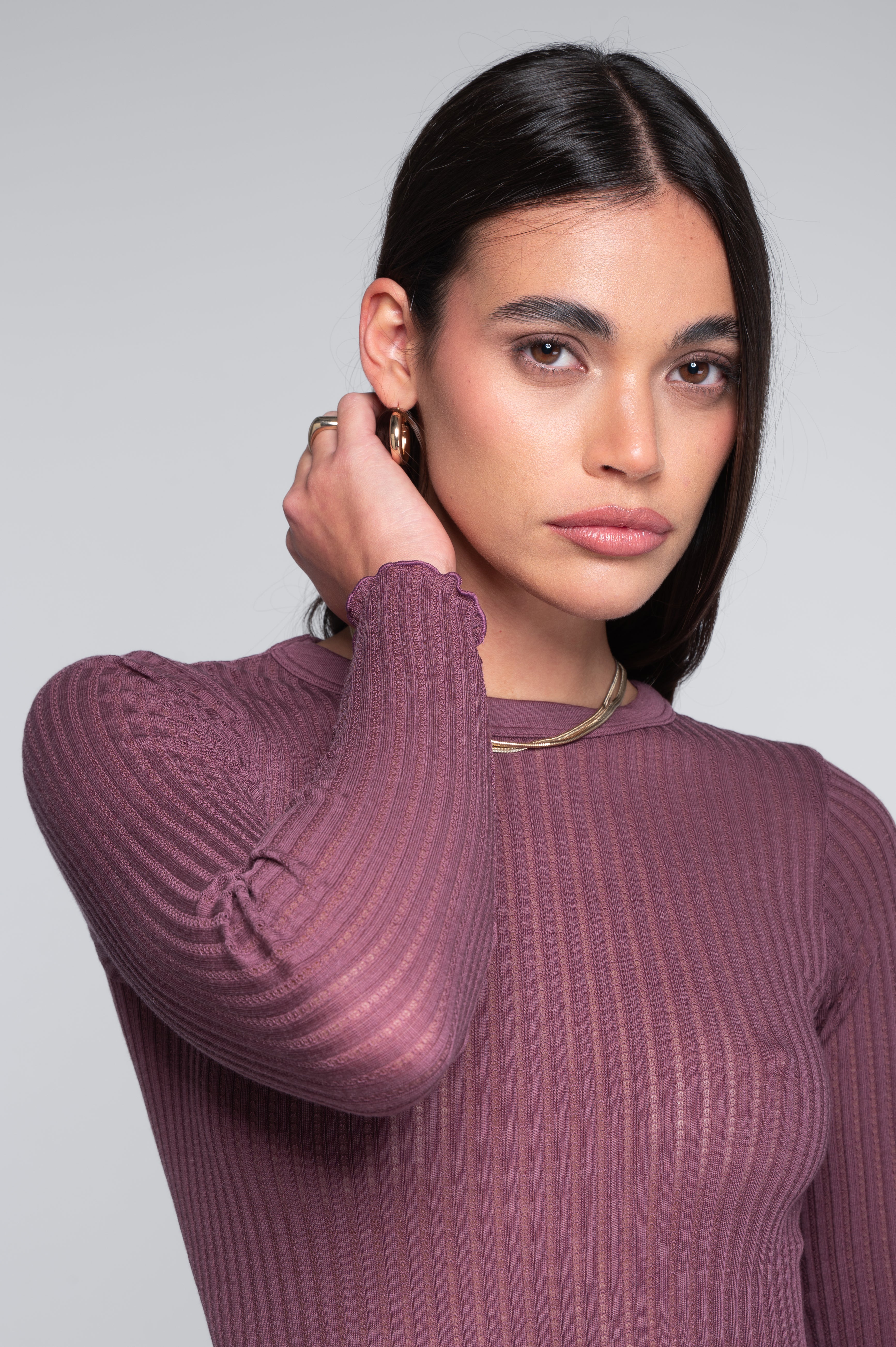 Long sleeves round neck shirt in ajouré wool and silk 7496
