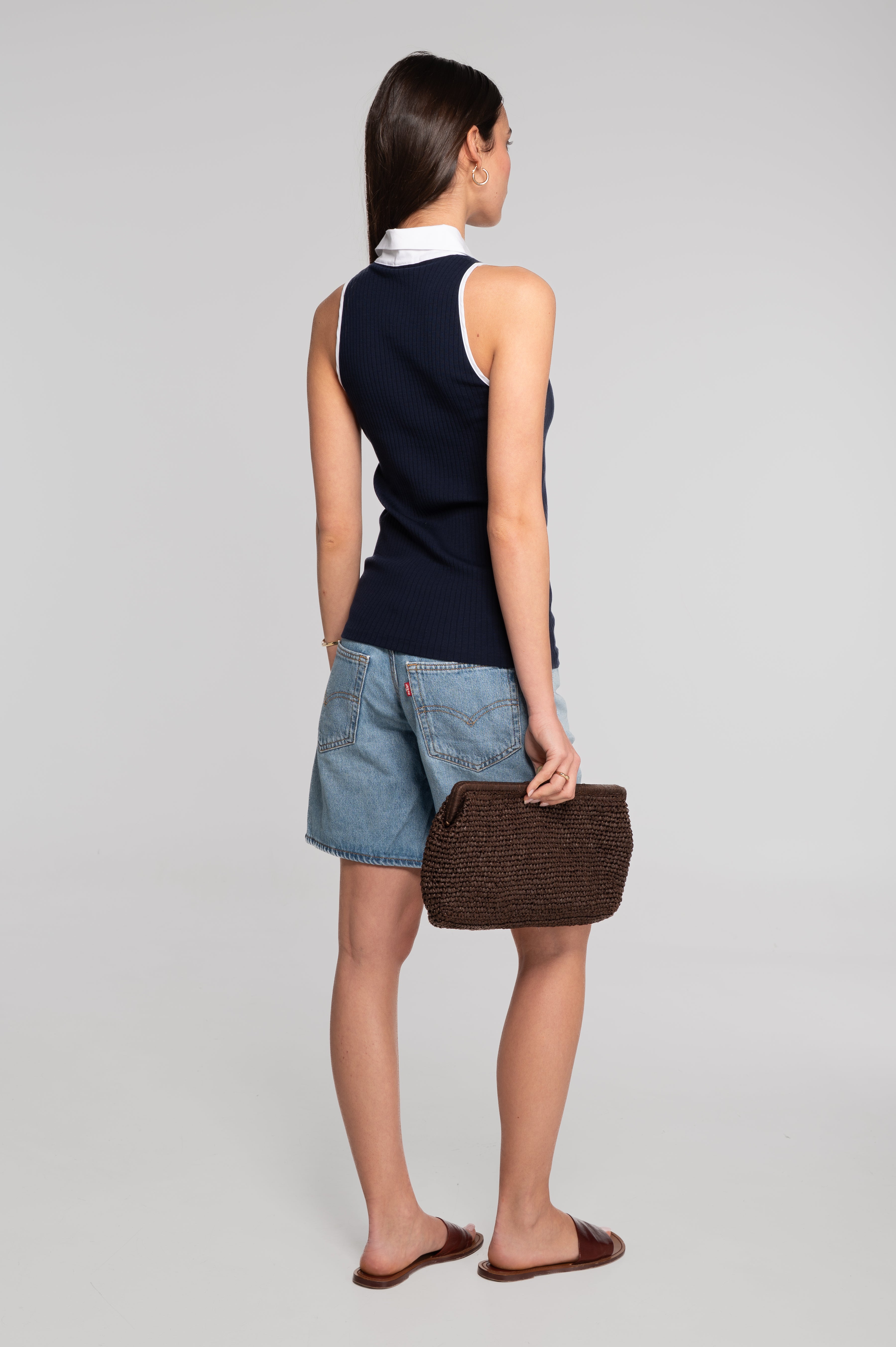 Cotton top with poplin henley neckline 7569