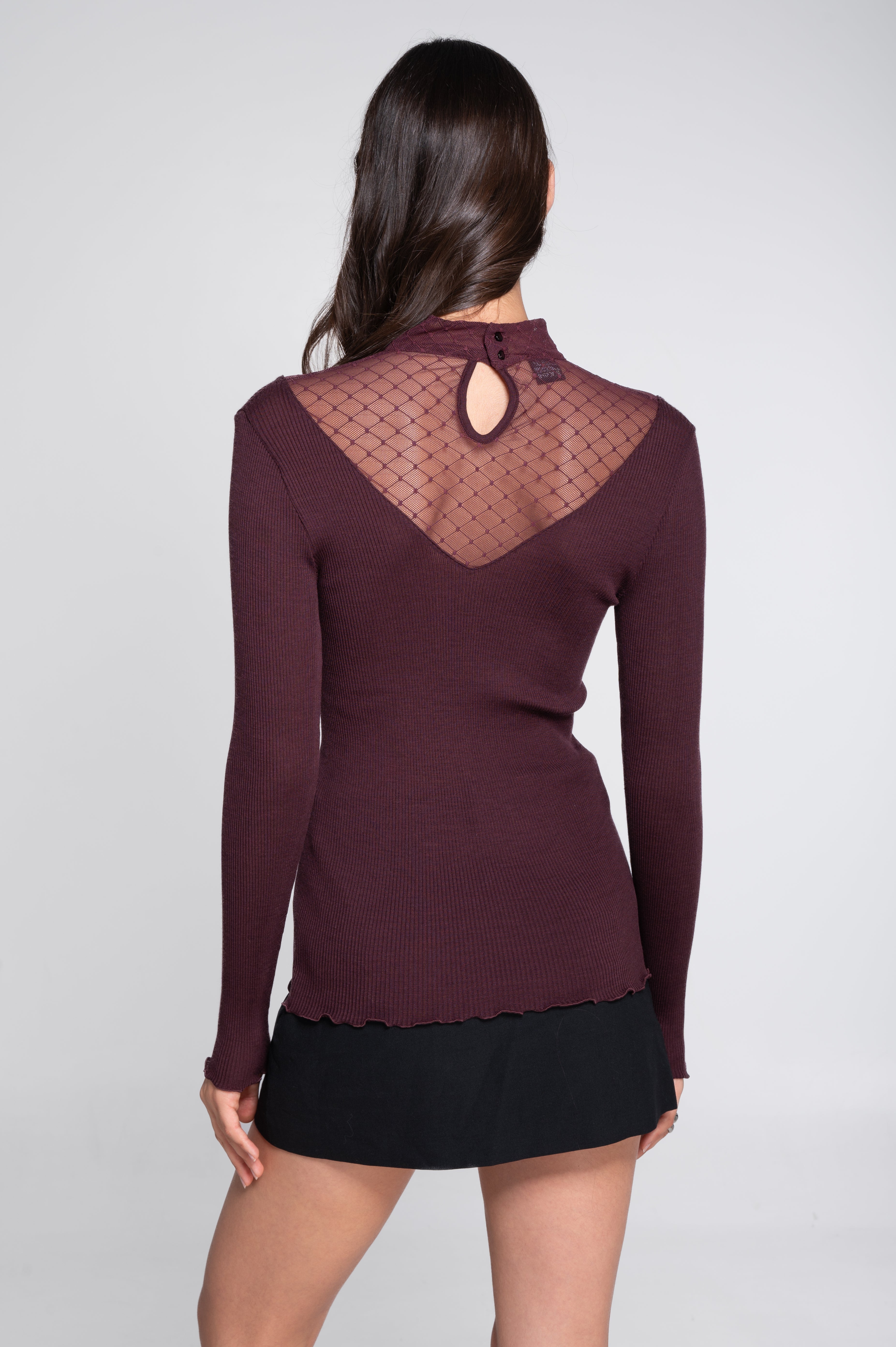 Wool and silk long sleeves mock neck shirt with diamond jacquard laize 7620