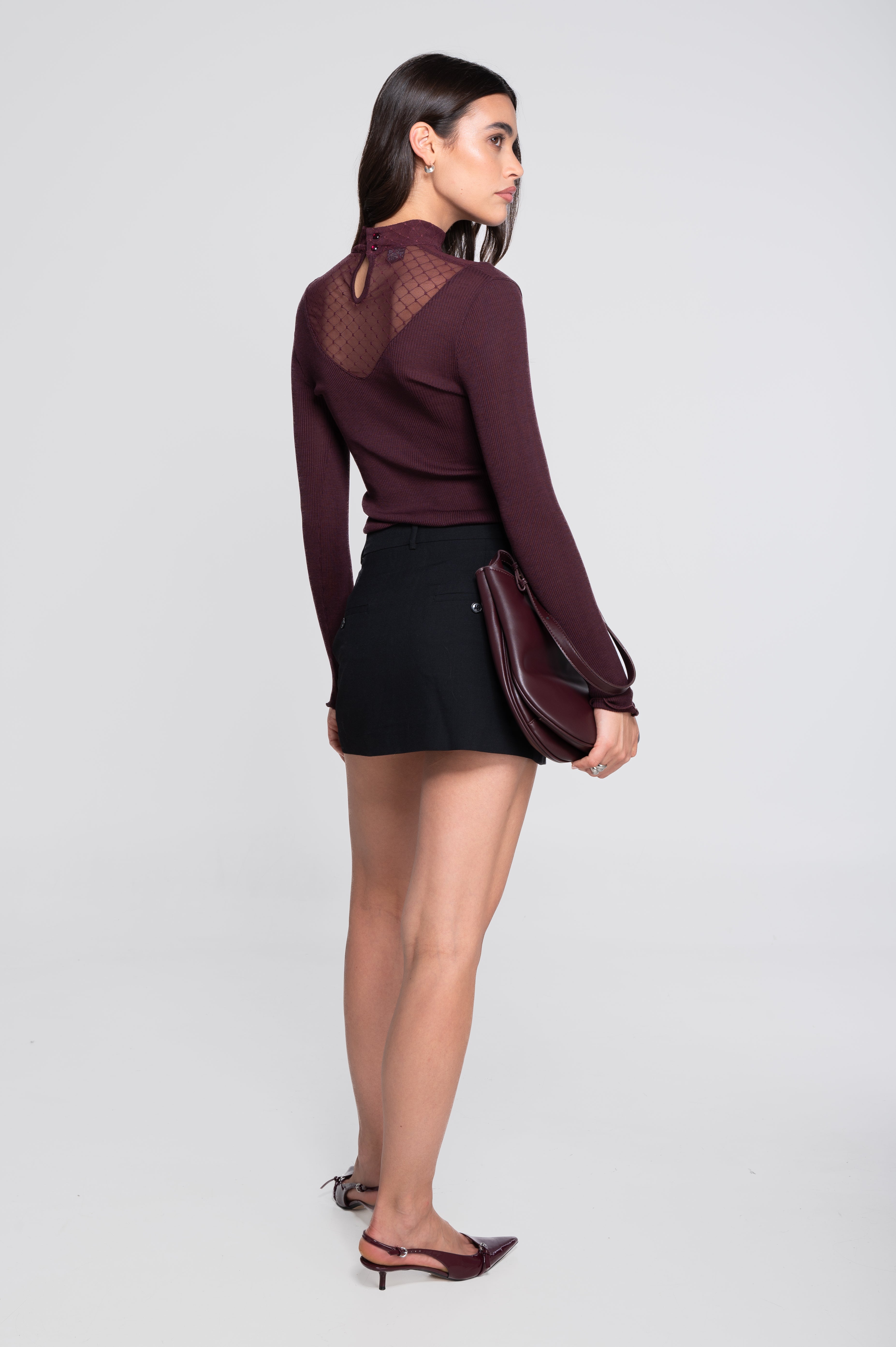 Wool and silk long sleeves mock neck shirt with diamond jacquard laize 7620