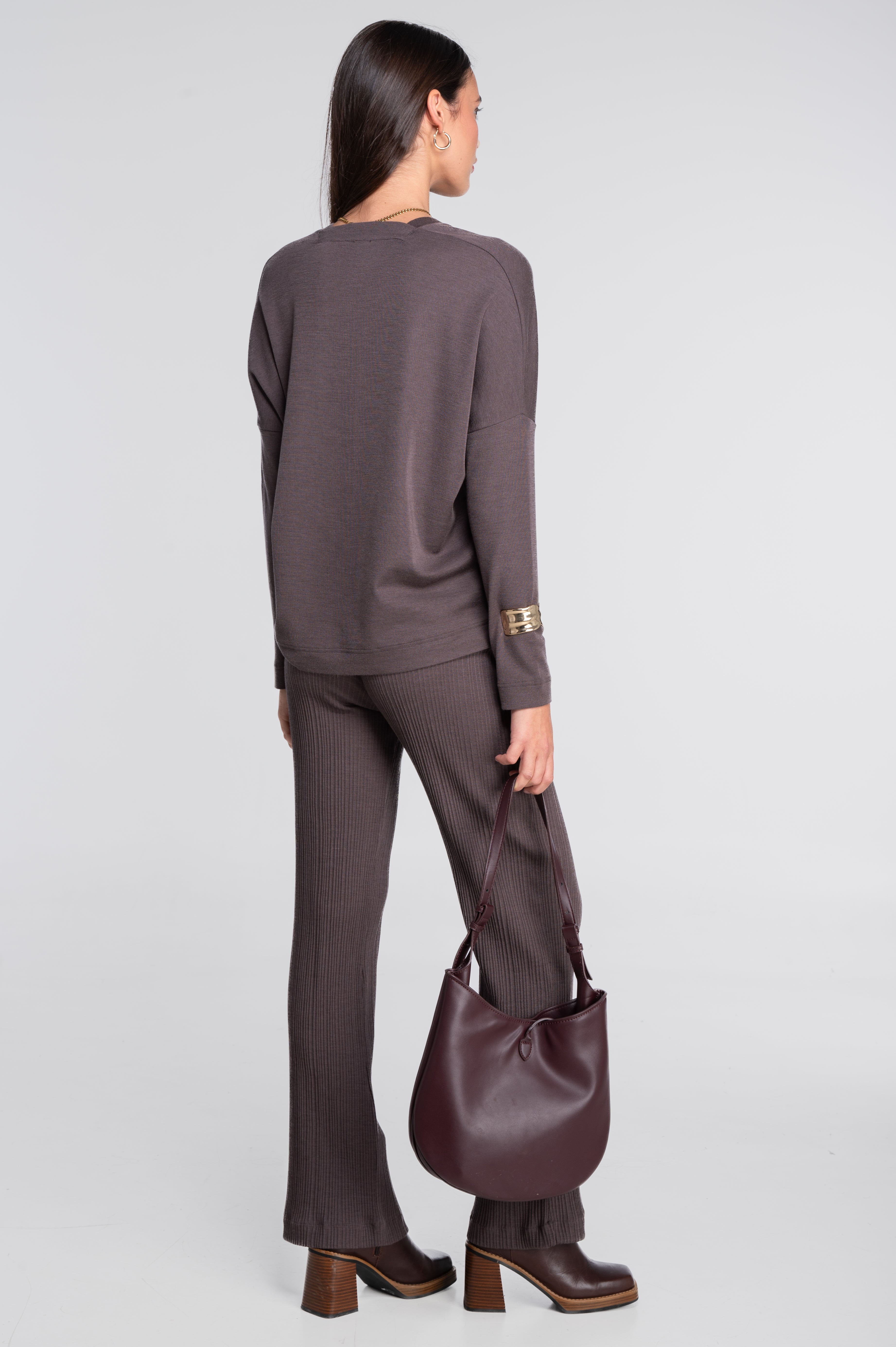 Wool and silk long sleeves V neck shirt 7636