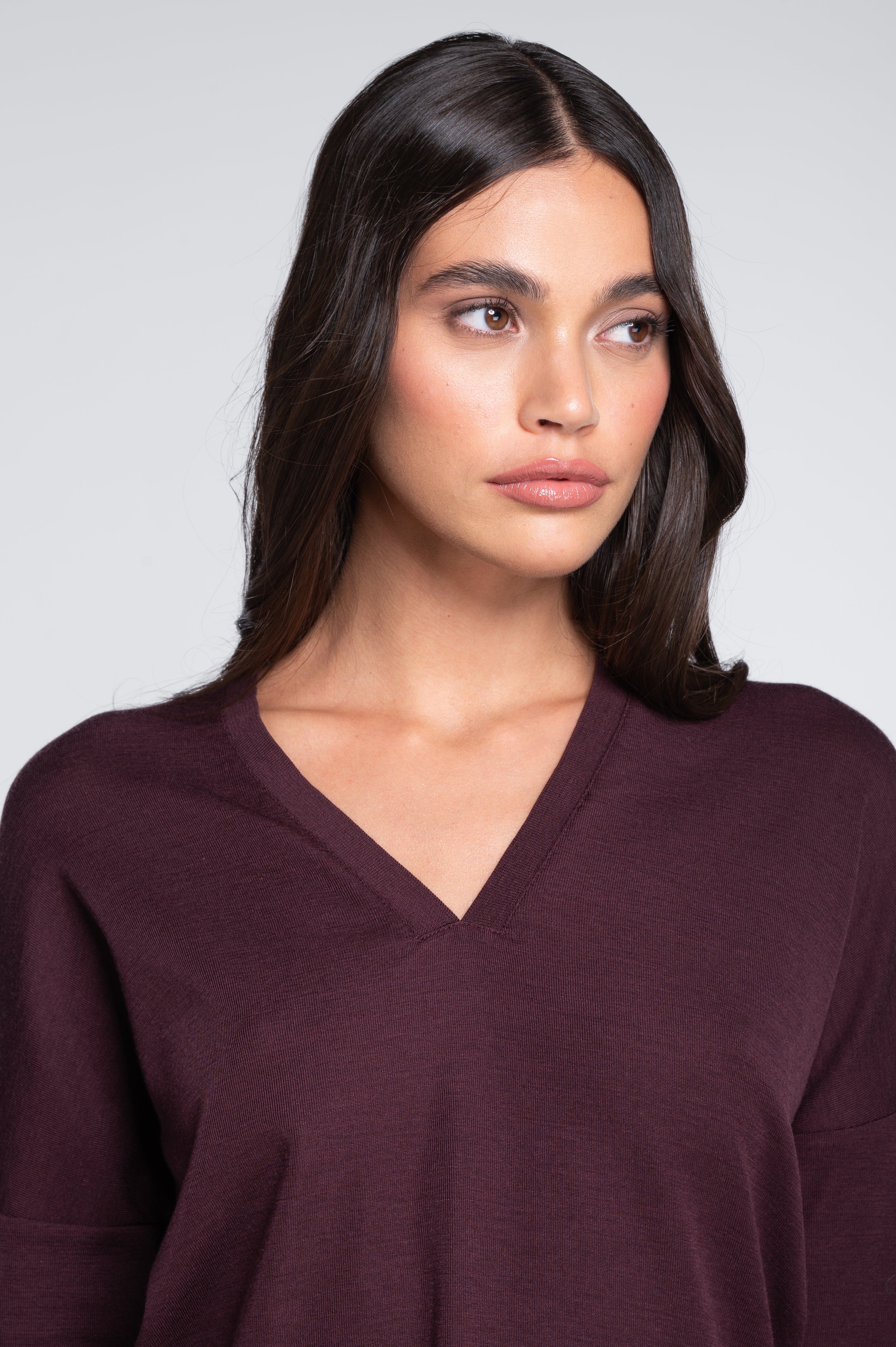 Wool and silk long sleeves V neck shirt 7636