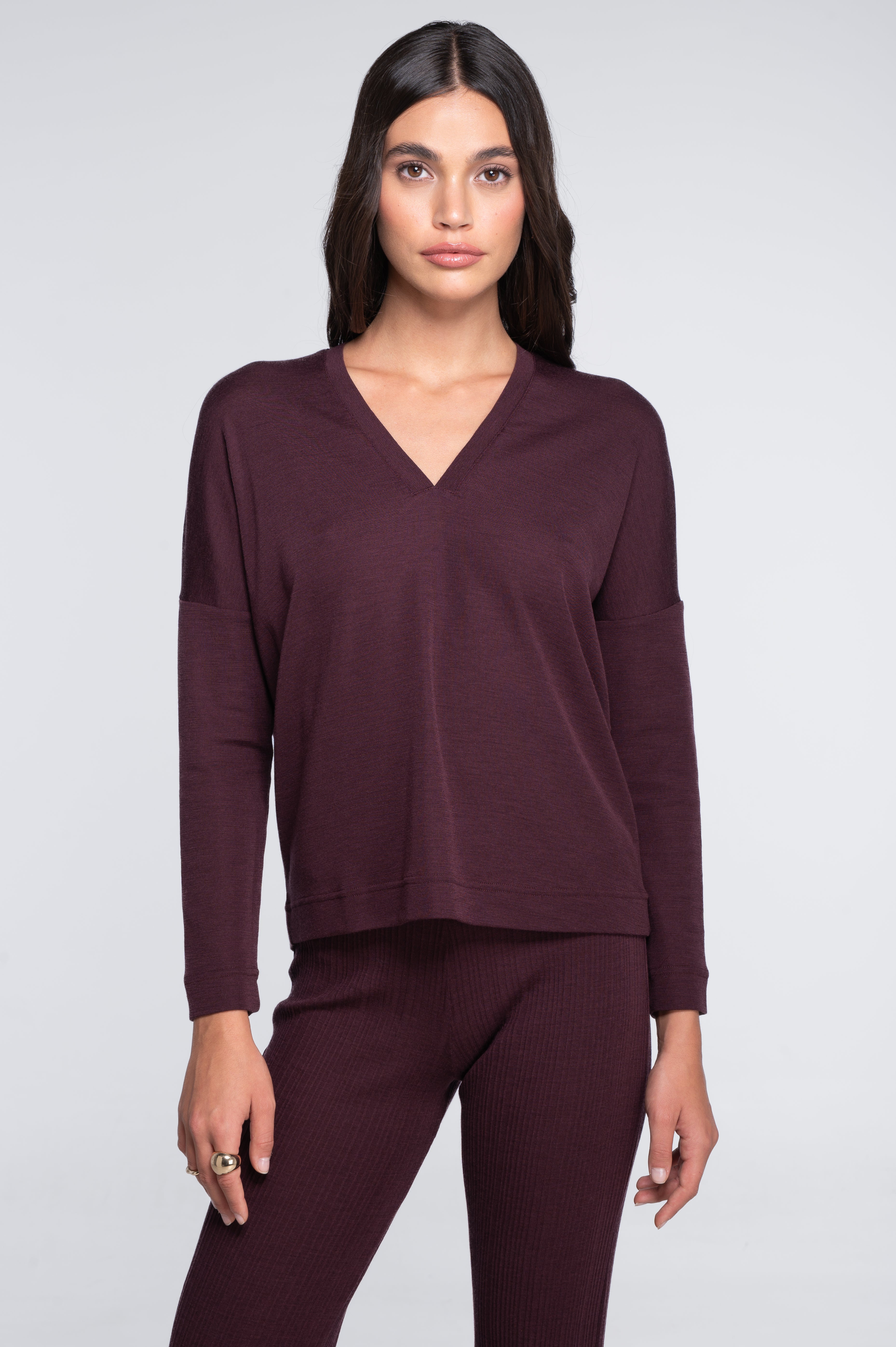 Wool and silk long sleeves V neck shirt 7636