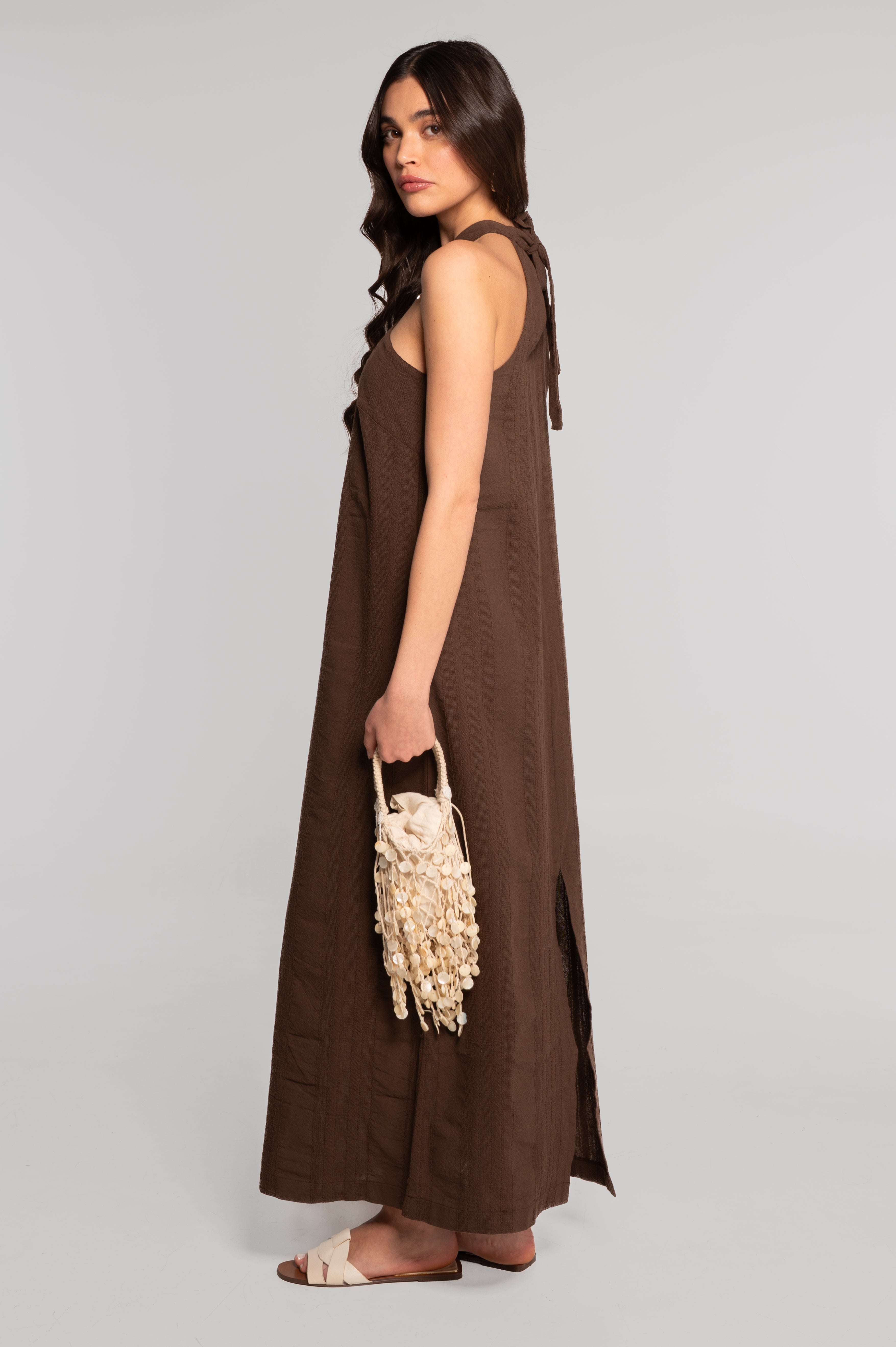 Cotton jacquard long halter neck dress 7734X