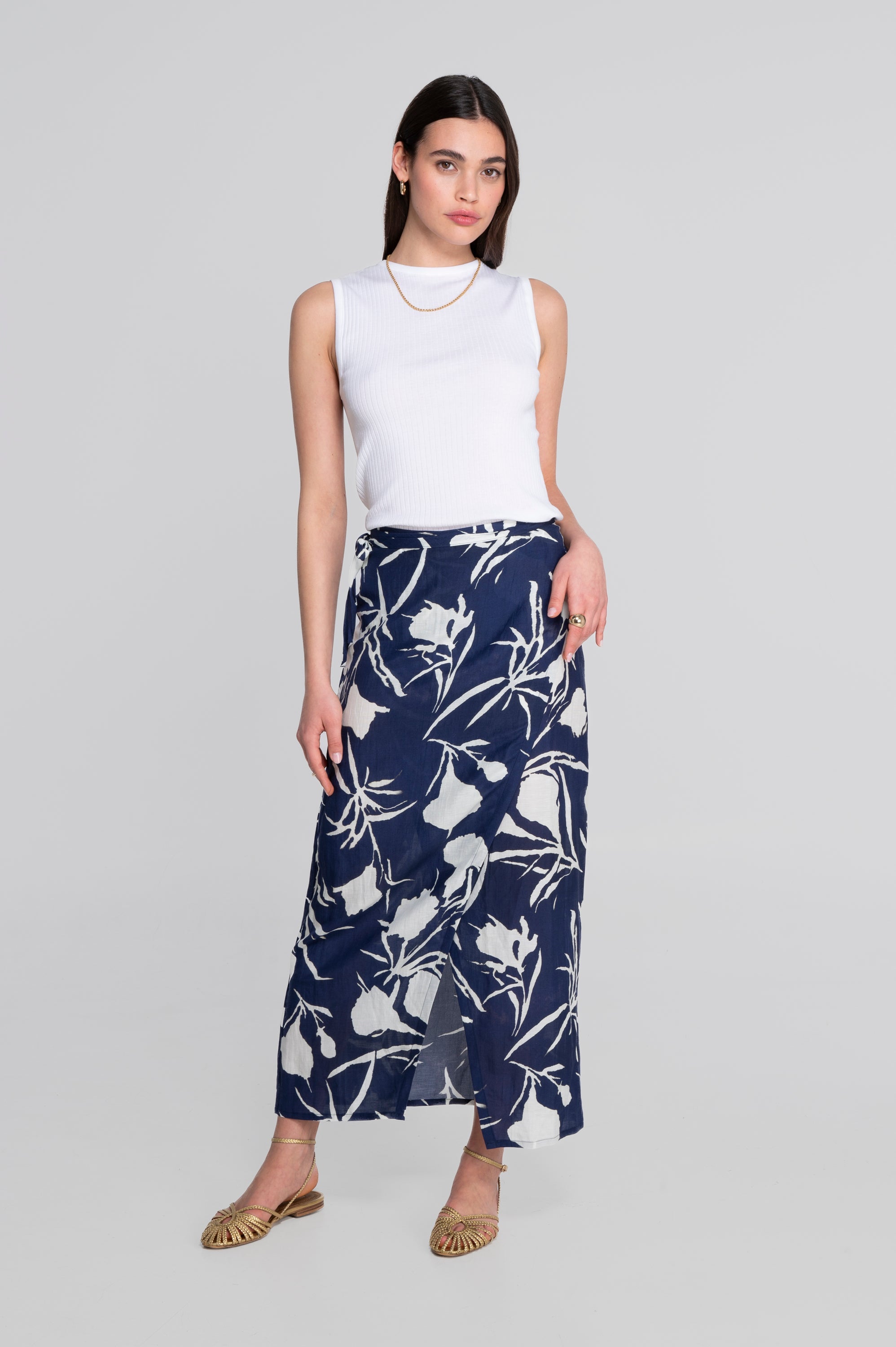 Printed linen-viscose wrap skirt 7535VL