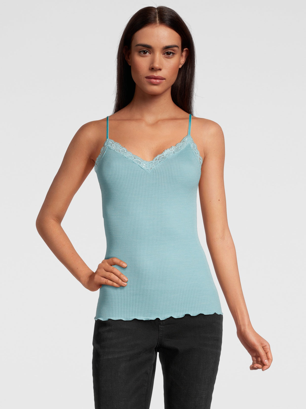 Spaghetti Top in Wool and Silk with Leavers Lace 3408 - Oscalito